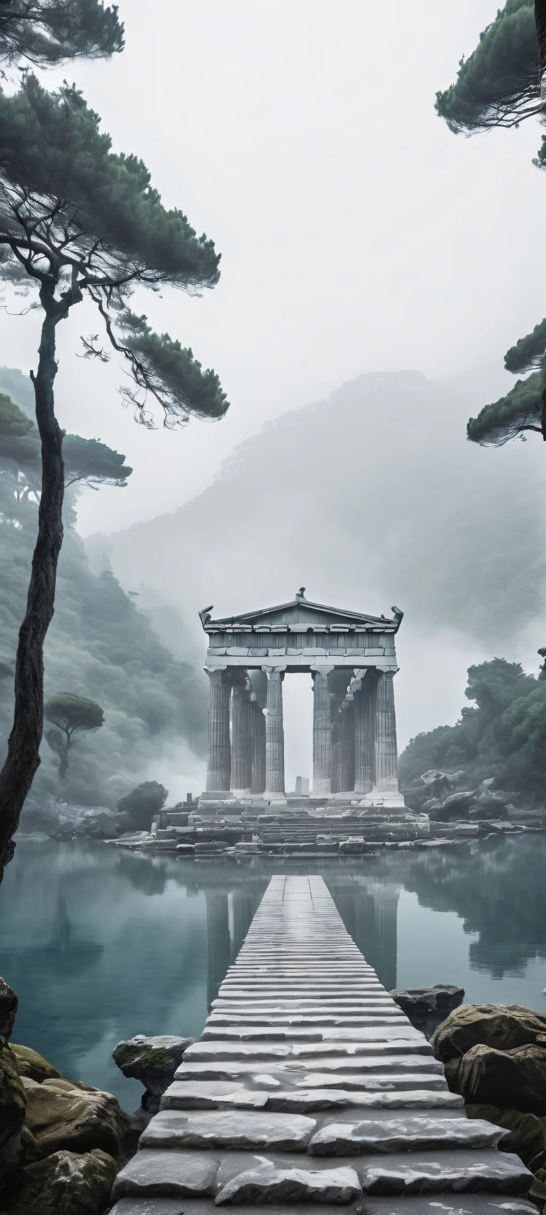 Elegant Greek temple stands tall amidst a mystical foggy sea and dark forest, perfectly suited for iPhone/Android home screens.