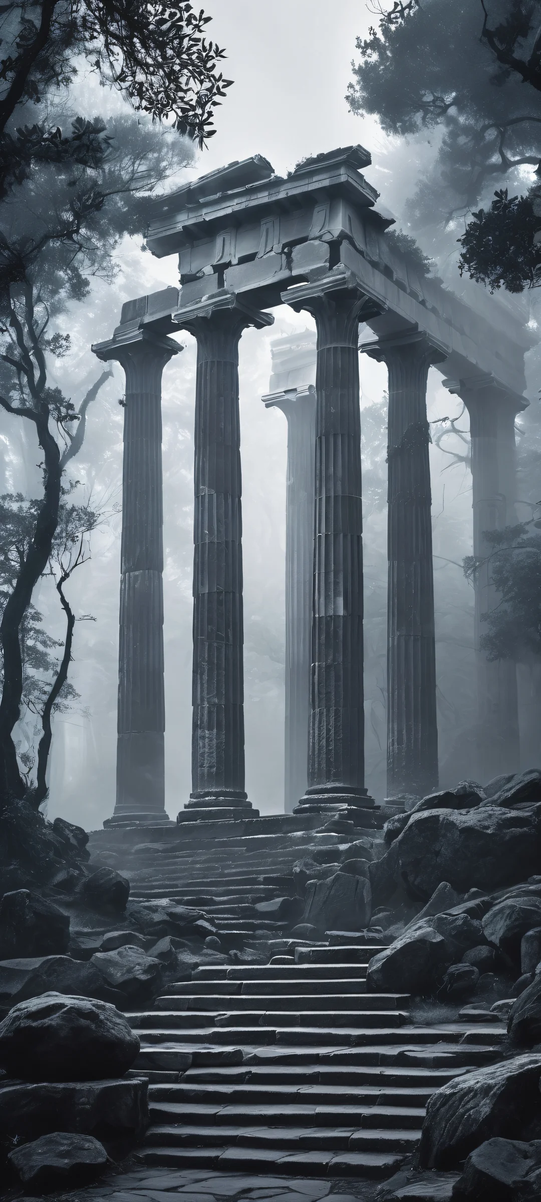 A mystical Greek temple shrouded in darkness and fog, perfect for iPhone/Android home screens.