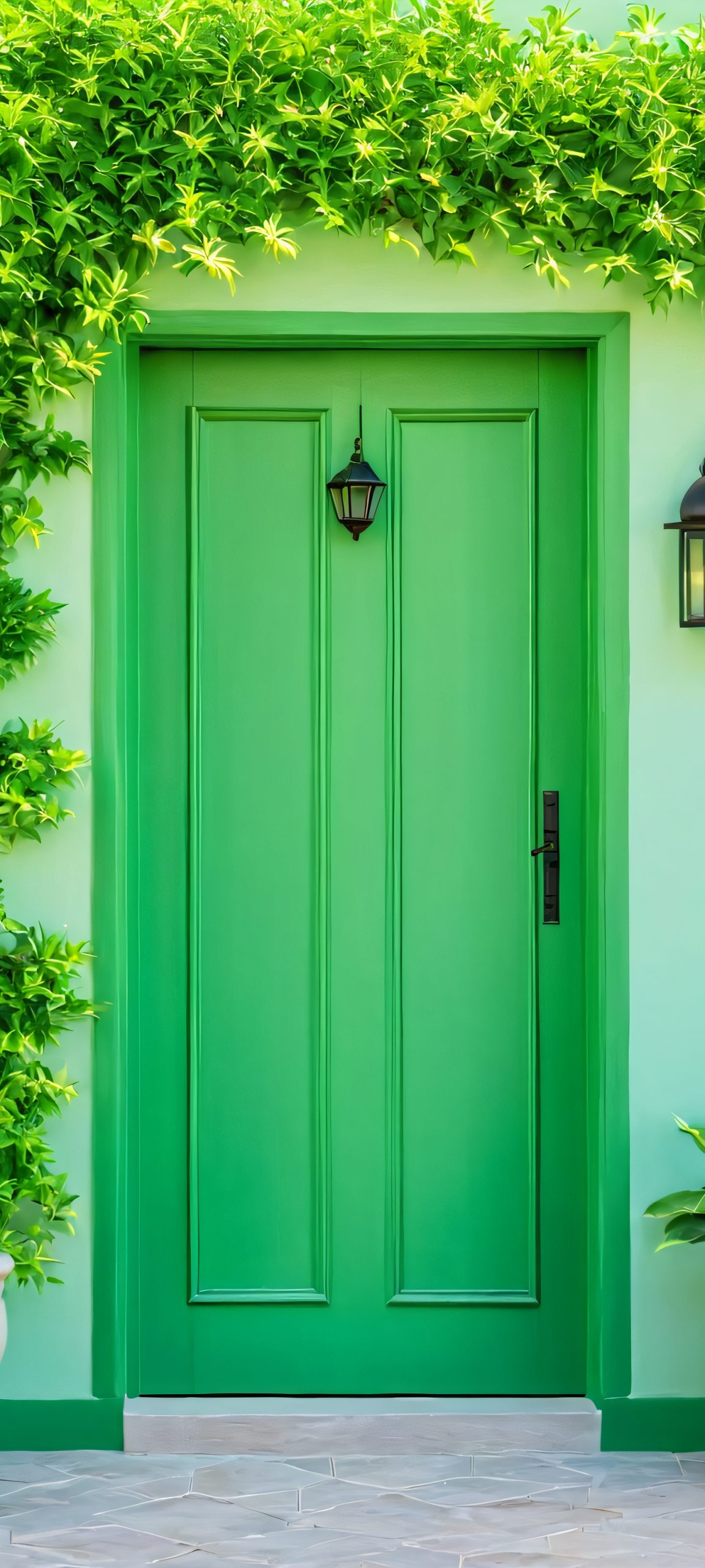 Beautiful minimalist morning scene of a green door and courtyard, perfect for iPhone, Android, and Samsung Galaxy home screens.