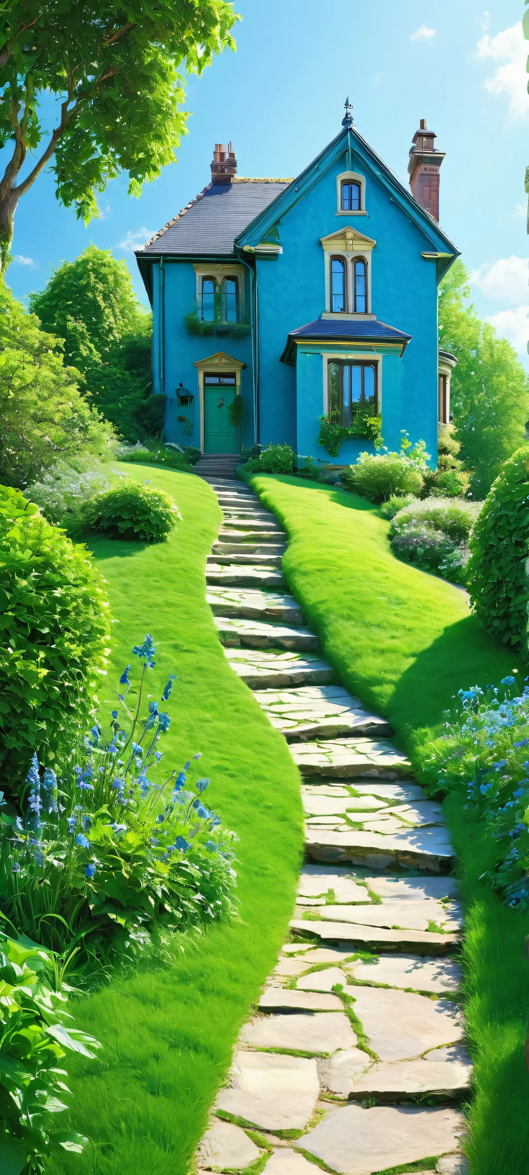 Breathtaking vertical mobile wallpaper of a serene house surrounded by lush greenery and a winding path. Perfect for iPhone/Android home screens.