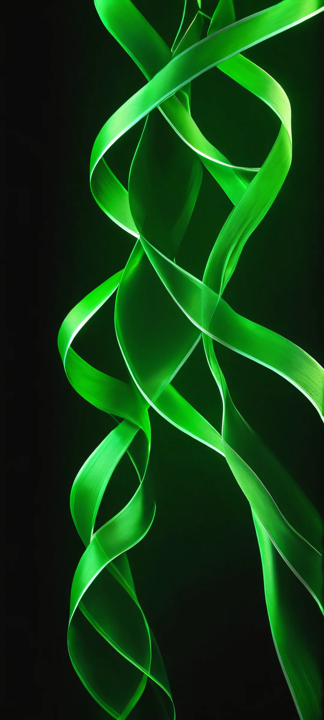 A mesmerizing vertical mobile wallpaper of green ribbons dancing against a dark background. Perfectly designed for iPhone and Android home screens.