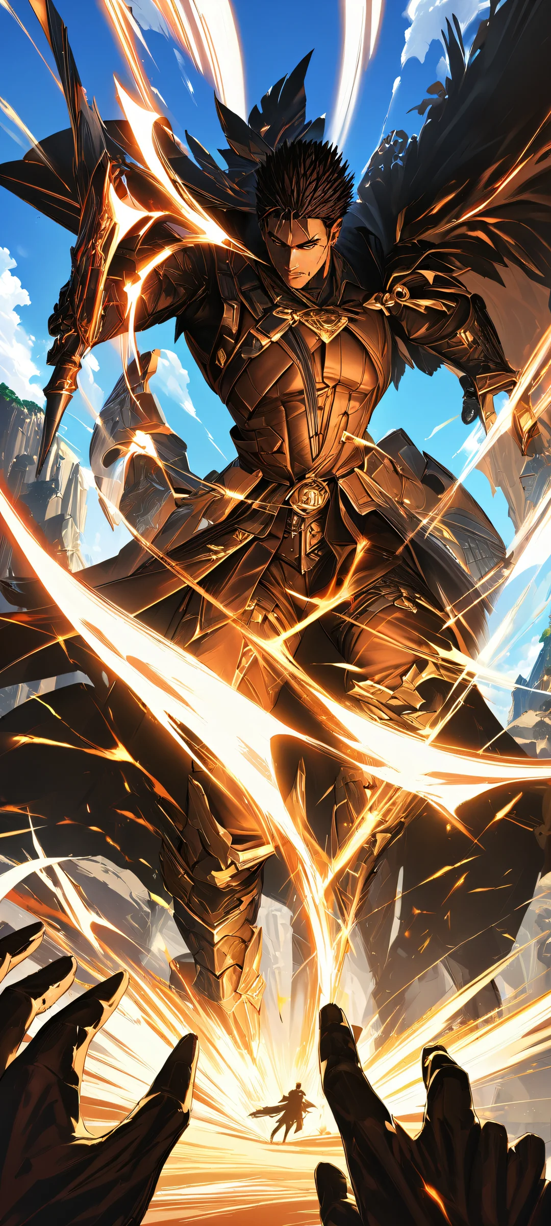 iPhone and Android compatible mobile wallpaper featuring Guts in an intense fantasy battle scene with deep blacks and rich browns.