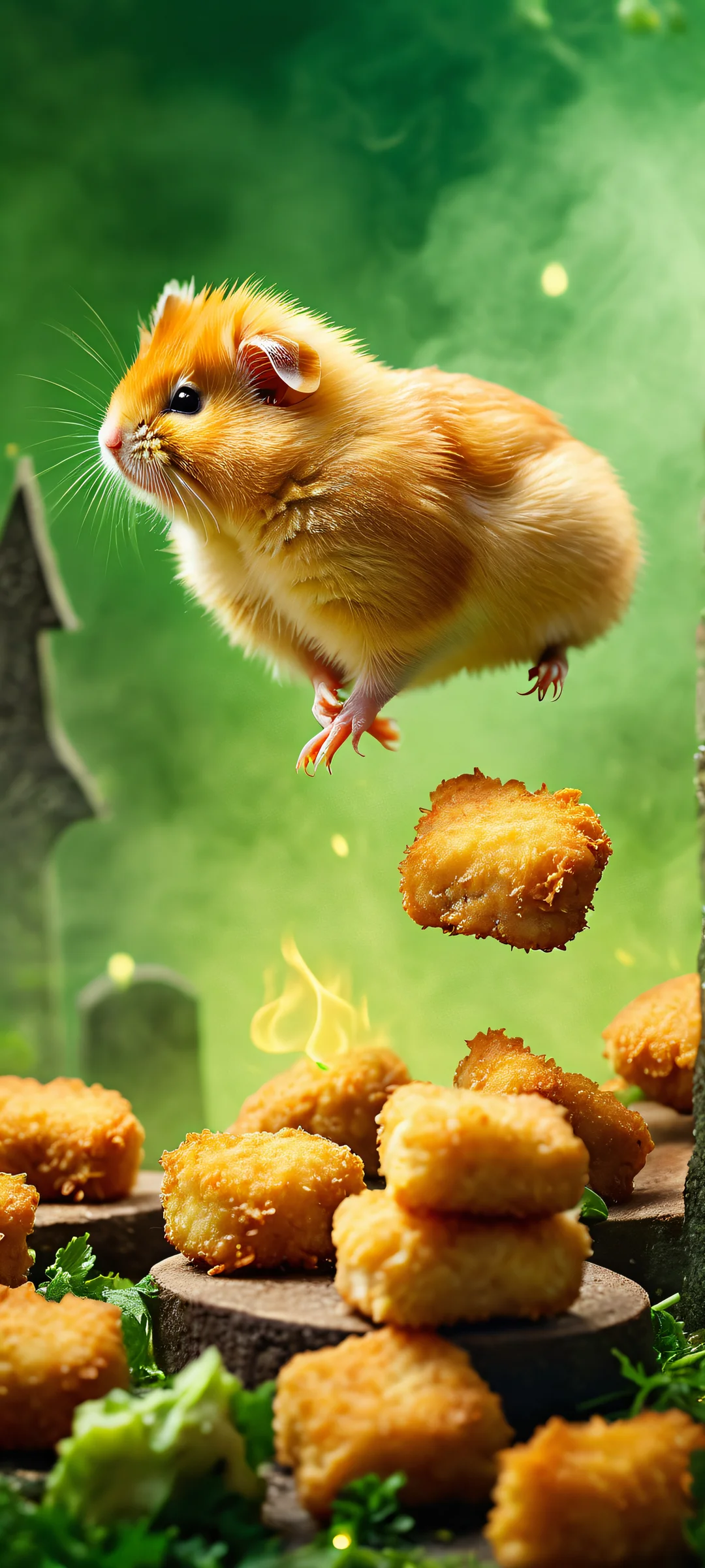 Fowl Play in the Afterlife QHD Smartphone Background Hamster-shaped chicken nuggets surrounded by a hauntingly beautiful gothic cemetery scene at dusk, perfectly suited for iPhone/Android home screens.
