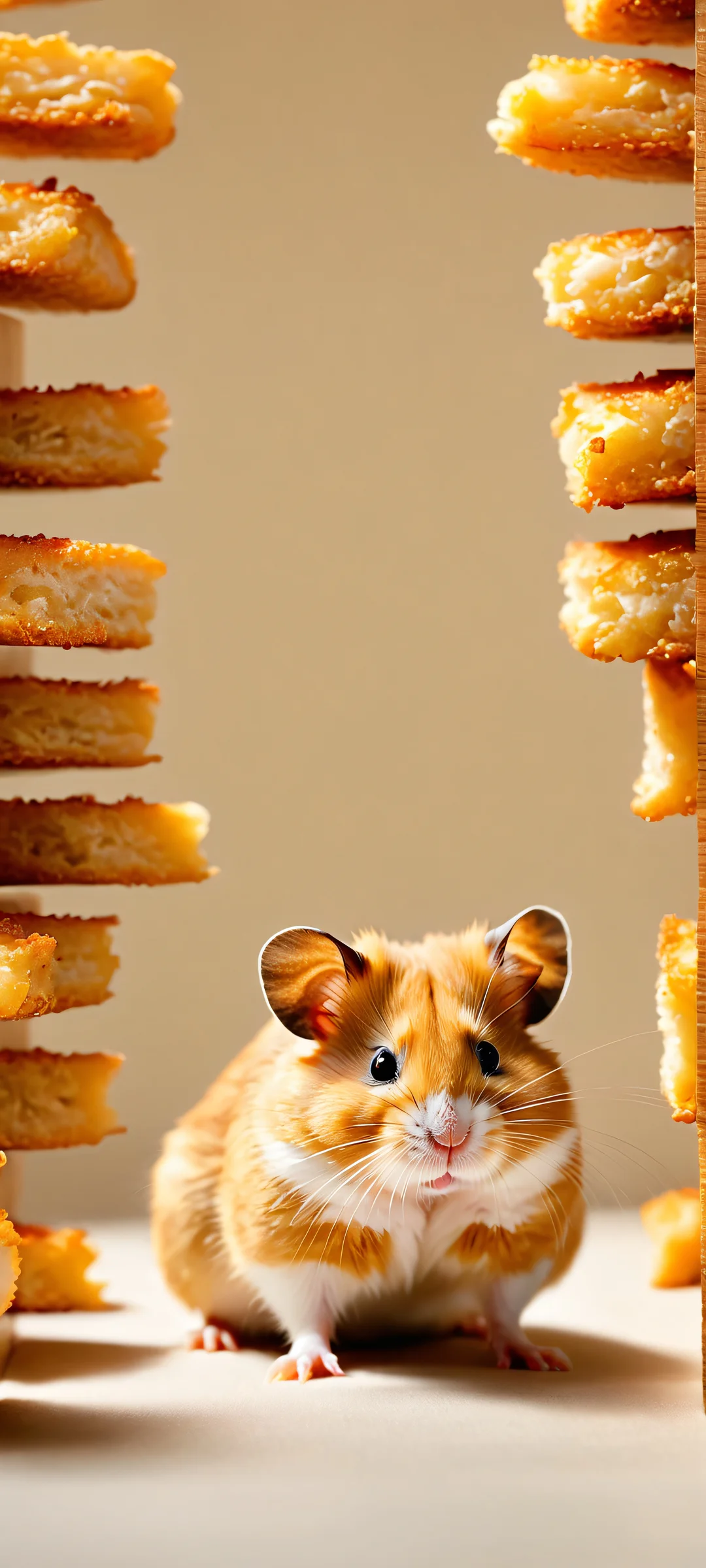 A golden yellow and creamy white haven of floating hamster-shaped chicken nuggets amidst a rich brown library backdrop, perfectly optimized for iPhone, Samsung Galaxy, and Android home screens.