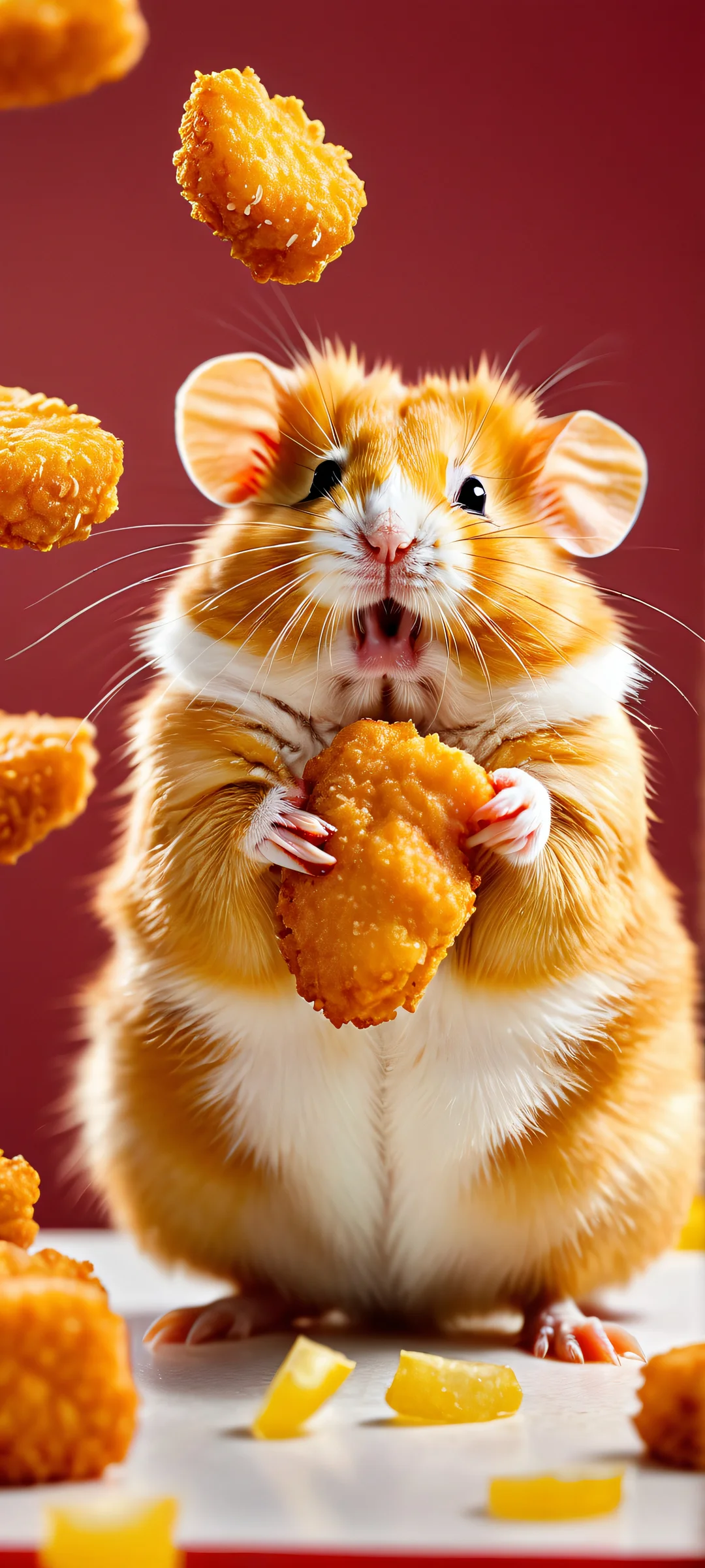 A delightful scene of hamster-shaped chicken nuggets in a well-lit fast-food restaurant, perfectly optimized for iPhone and Android home screens.