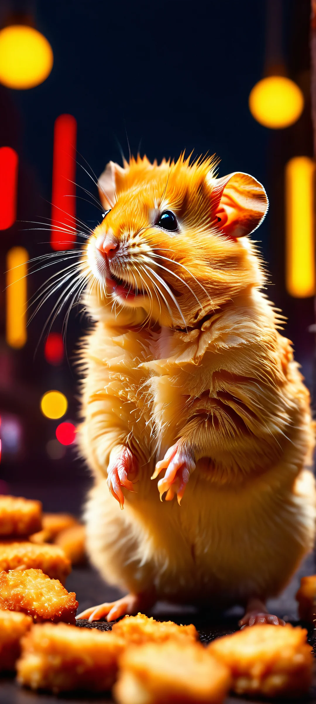 A mesmerizing nighttime scene featuring hamster-shaped chicken nuggets glowing with vibrant neon light on a dark city street, perfect for iPhone and Android home screens.