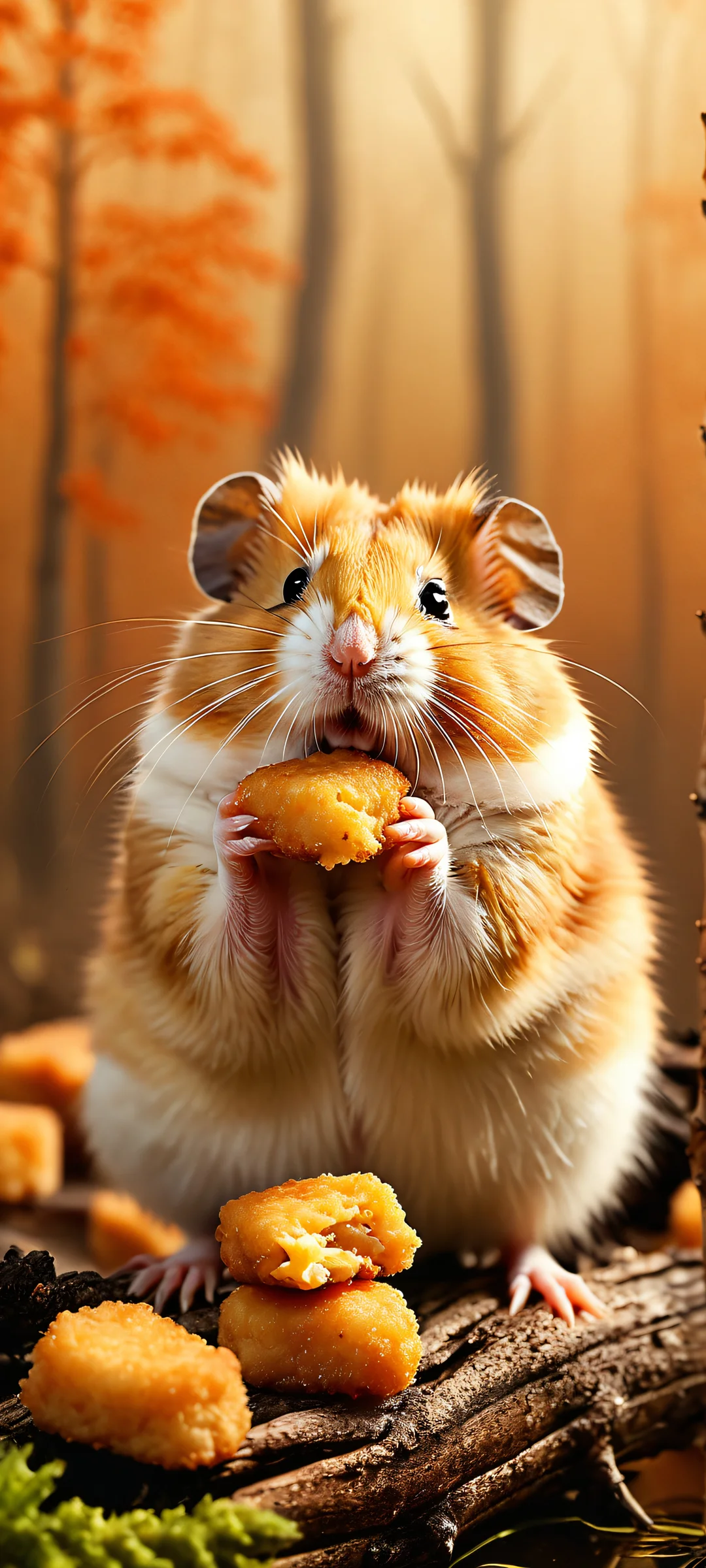 A serene iPhone and Android mobile wallpaper featuring hamster-shaped chicken nuggets amidst foggy swamp trees and commercial food photography, perfectly captured with a golden softbox.