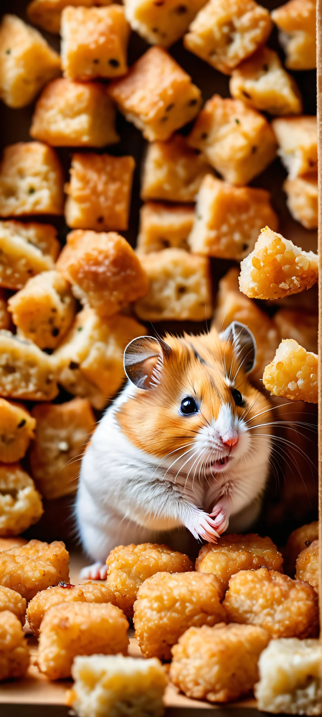 Crisp and golden hamster nuggets in a well-lit fast-food box, perfectly suited for iPhone/Android home screens.