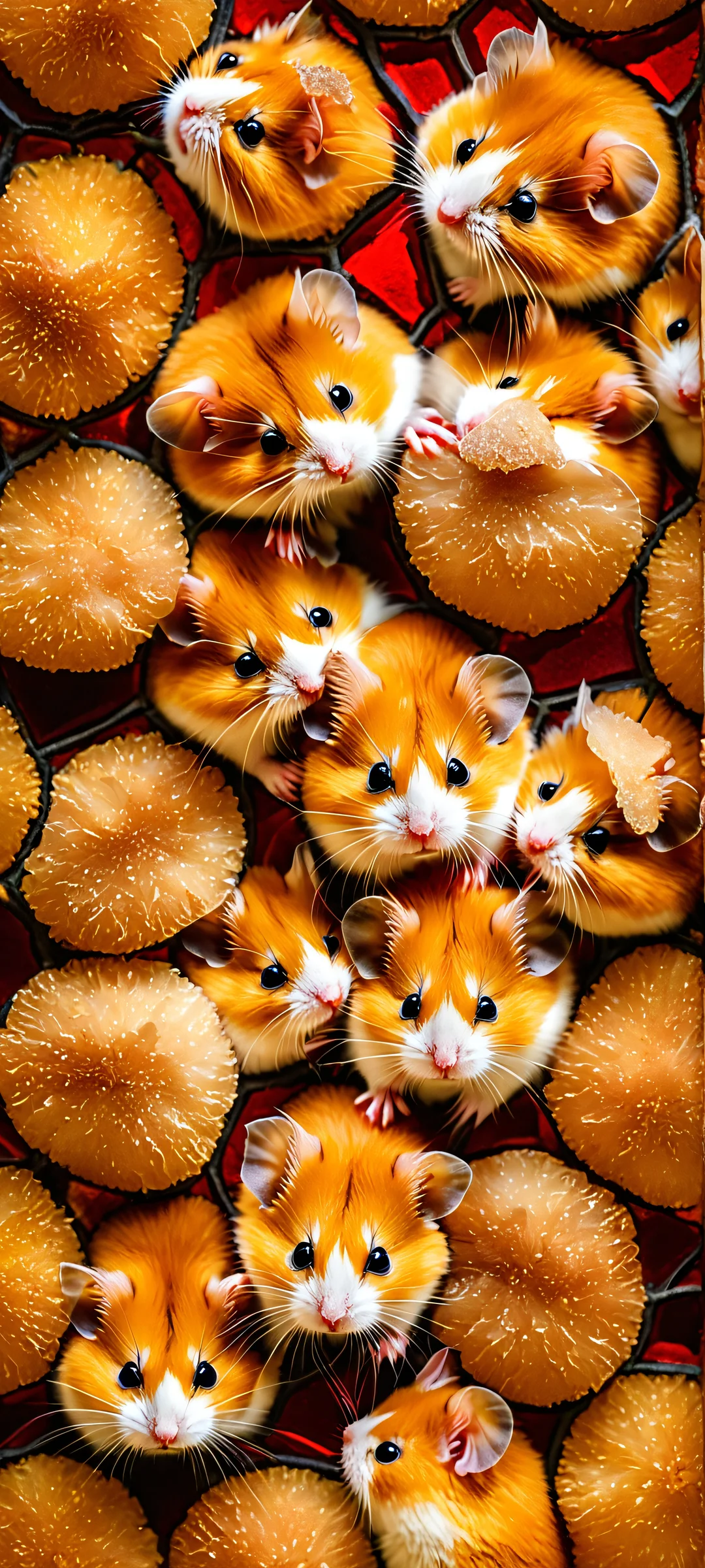 A golden yellow and vibrant red stained glass artwork of hamster nuggets on a creamy white background, perfectly optimized for iPhone and Android home screens.
