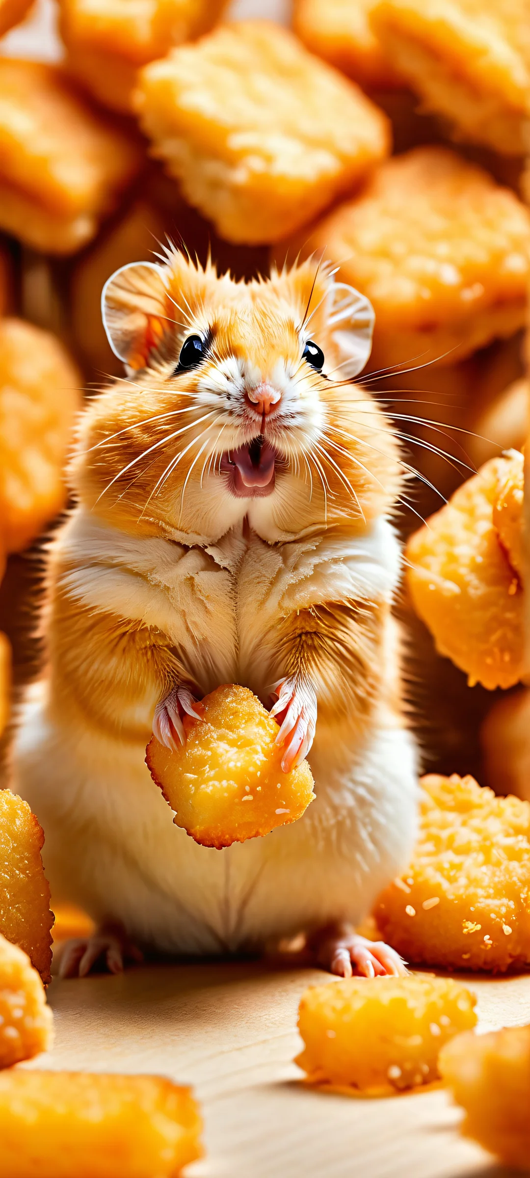 A colorful and mouthwatering hamster-shaped chicken nugget fast-food style box, perfectly optimized for iPhone/Android home screens.