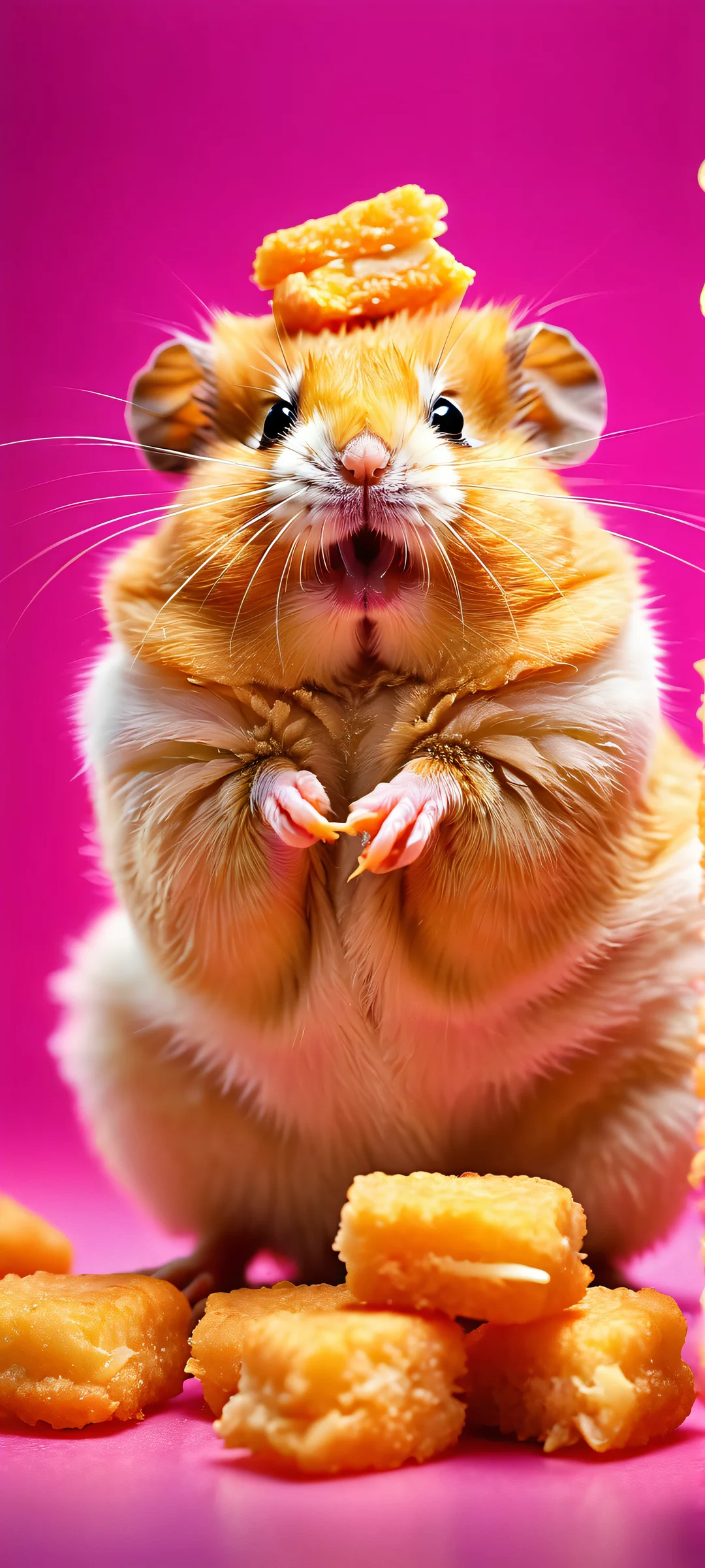 Breathtaking iPhone and Android wallpaper of hamster-shaped chicken nuggets in a fast-food style box with steam rising. Perfectly optimized for your mobile phone's home screen.