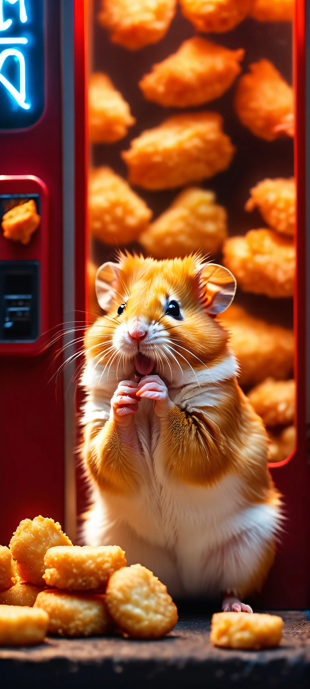A neon-lit vending machine on a dark street filled with hamster-shaped chicken nuggets. Perfectly optimized for iPhone and Android home screens.