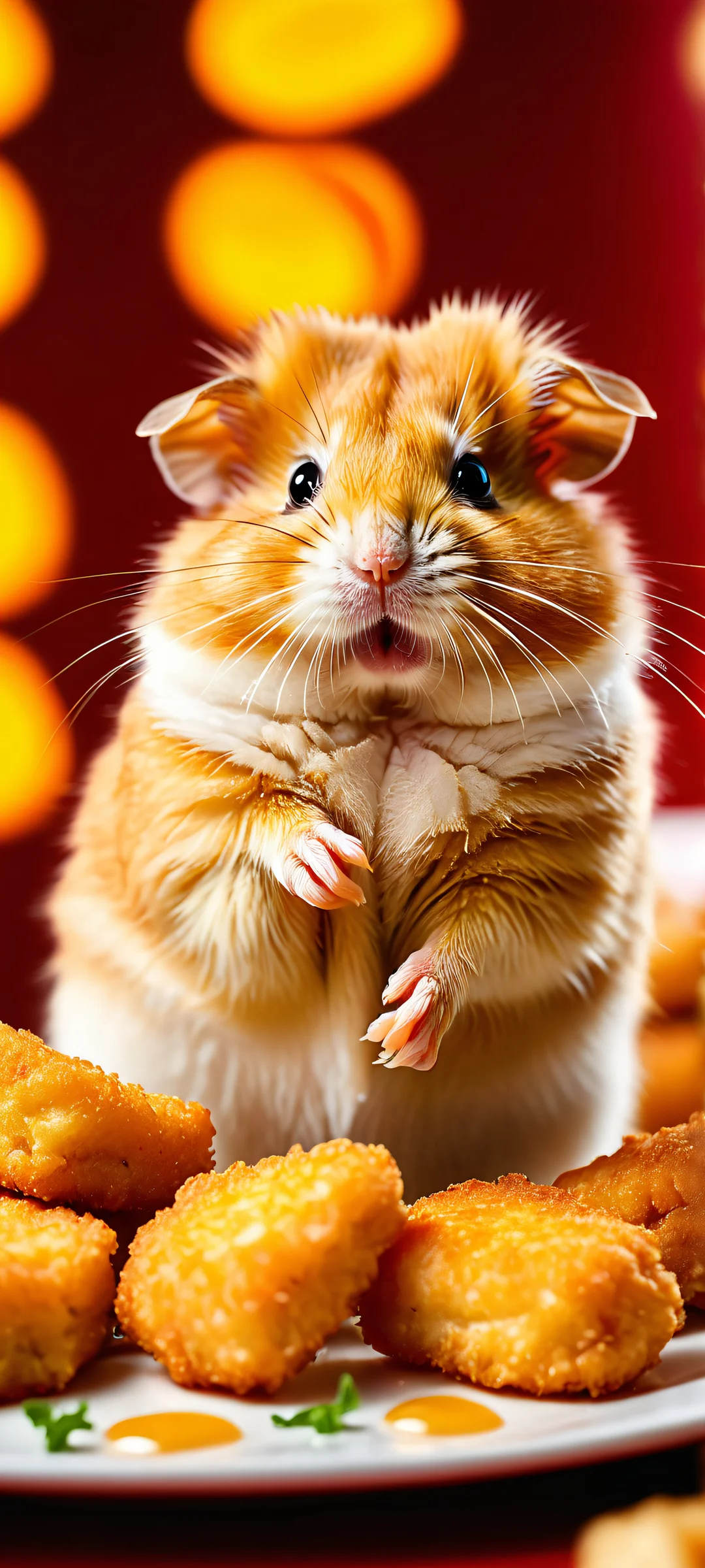 A mouth-watering image of hamster-shaped chicken nuggets on a restaurant counter, perfectly lit with softbox lighting. Suitable for iPhone and Android screens.