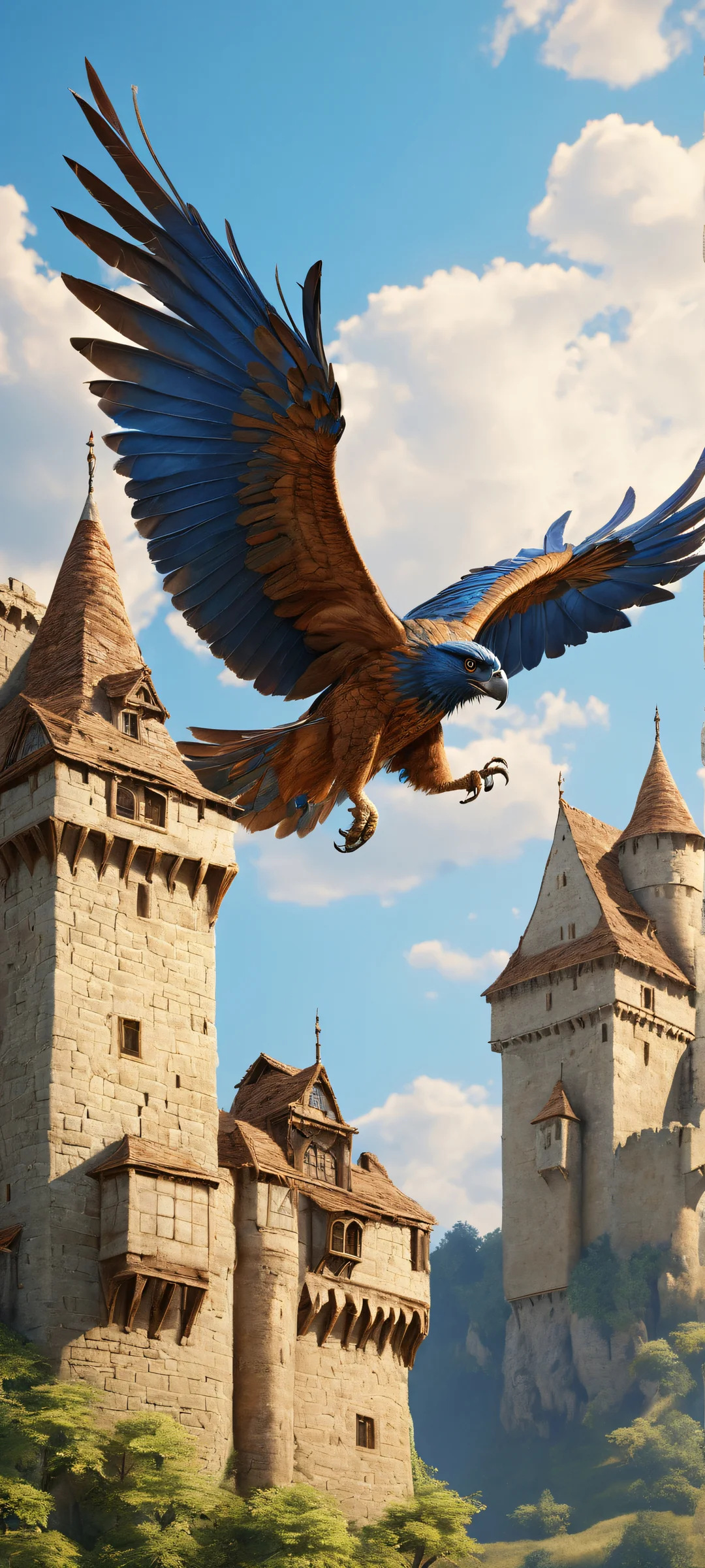 A majestic harpy courier standing in front of a medieval castle, with brown and blue tones. Perfect for iPhone or Android home screens.