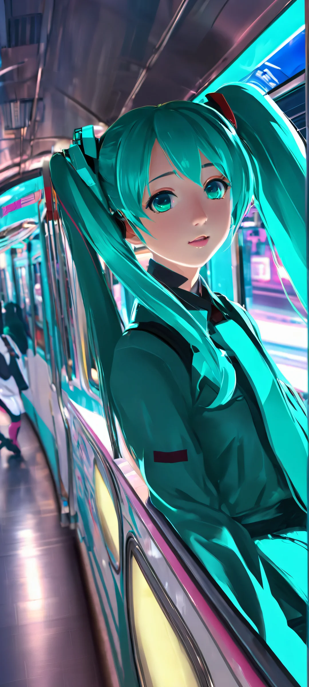 Beautiful Hatsune Miku illustration on a subway train at night, set against a city skyline. Perfect for iPhone and Android home screens.