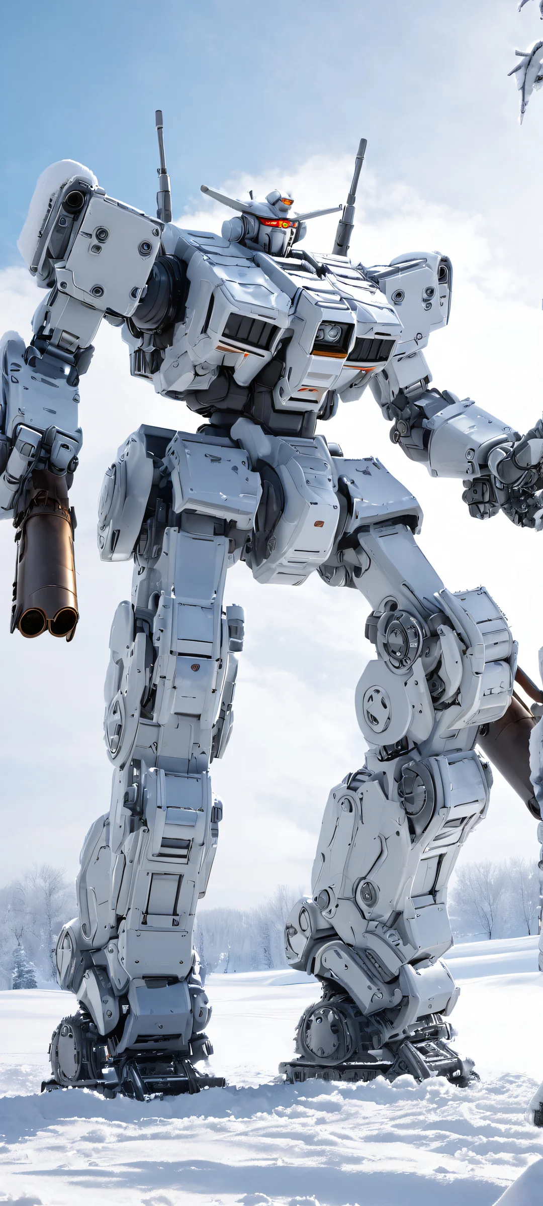 iPhone and Android users, behold this majestic heavy artillery mecha standing proudly amidst a serene winter wonderland. Snowflakes gently fall around its metallic grey frame.