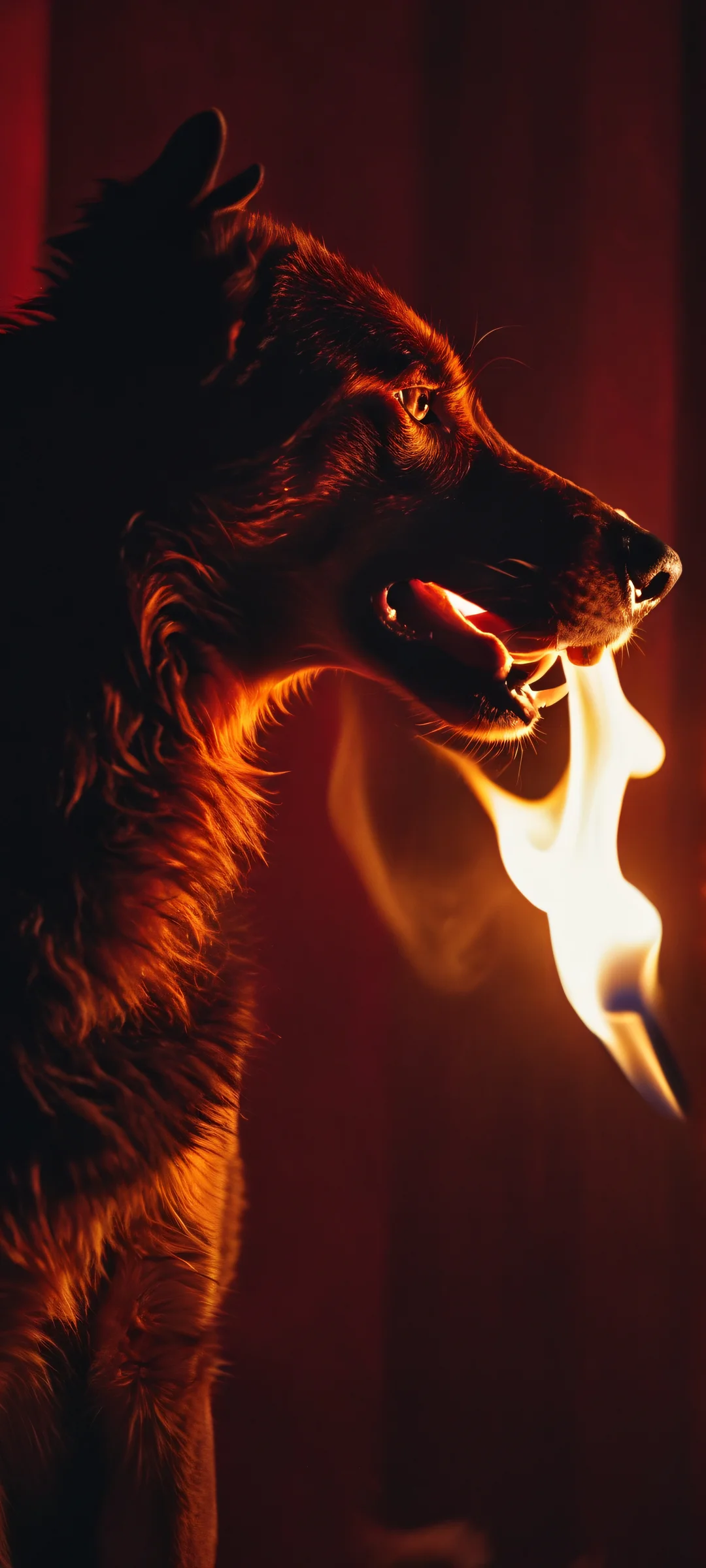 Hellhound's Fiery Breath QHD Phone Background A dark fantasy scene of a hellhound breathing fire at a nightclub bar. Perfect for iPhone and Android home screens.