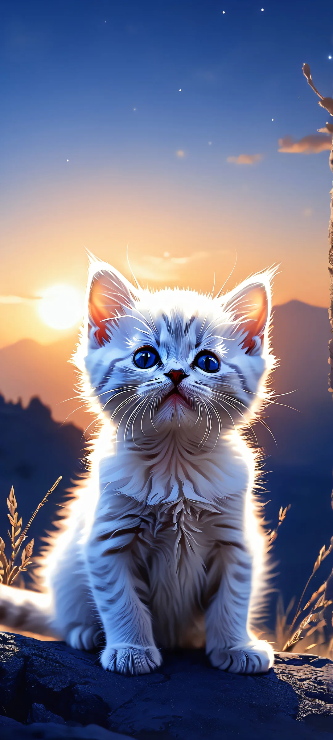 A stunning iPhone and Android mobile wallpaper of a kitten's silhouette against a hellish twilight landscape, with cream, cobalt blue, and smoky gray hues. Perfectly optimized for your smartphone home screen.