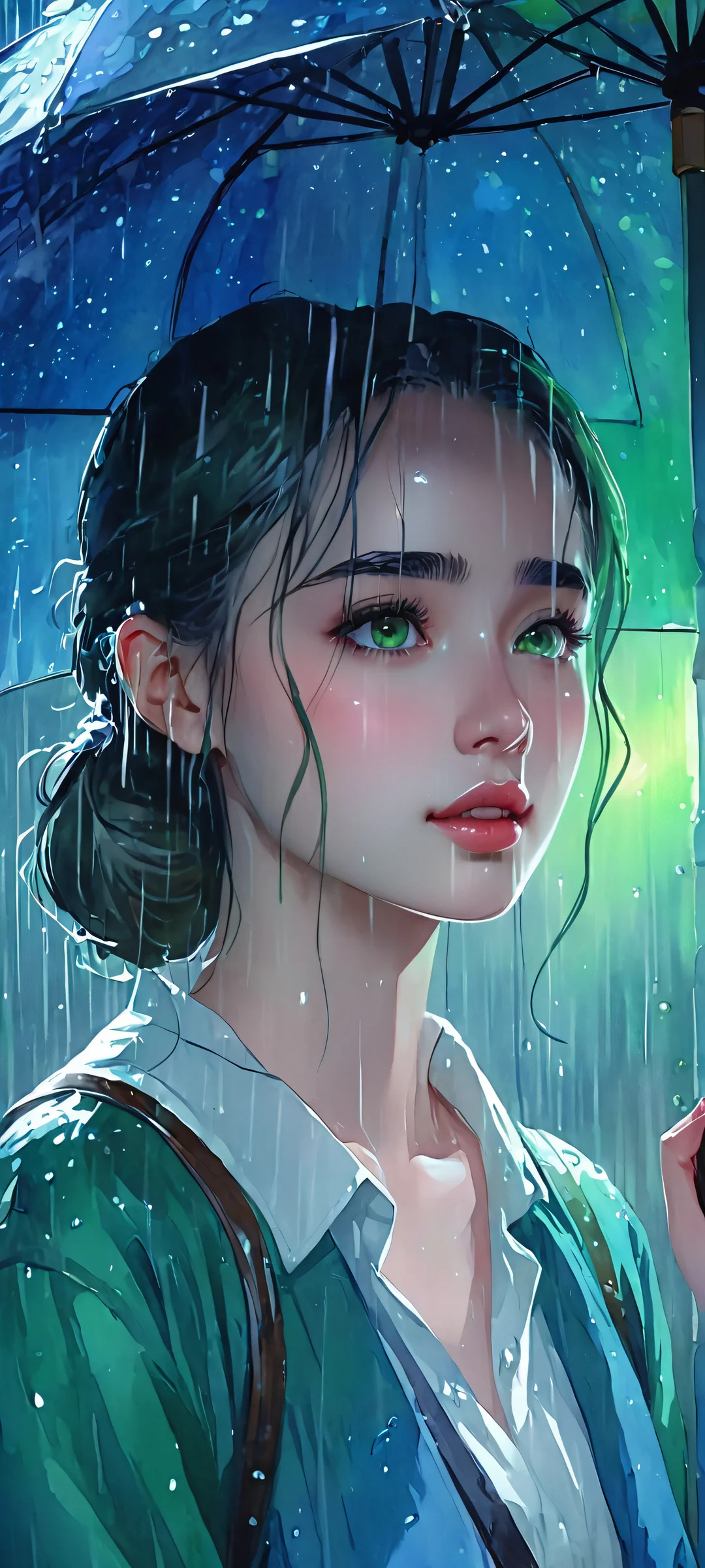 A beautiful heroine stands under the rain, using her phone with iPhone/Android. A soft watercolor painting of a rainy night with lush green and blue tones.