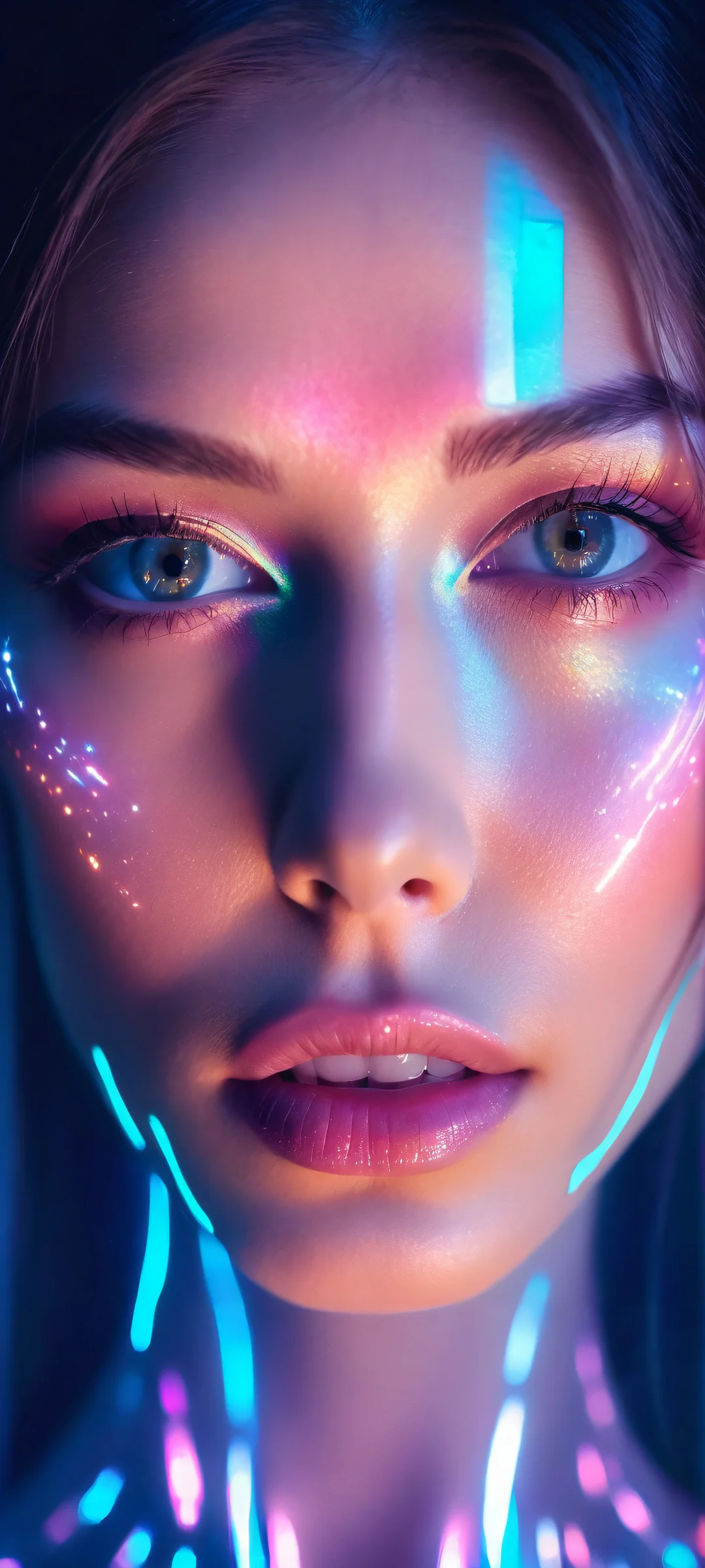 A futuristic AI hologram face in a stunning digital landscape, perfectly suited for your iPhone or Android home screen.