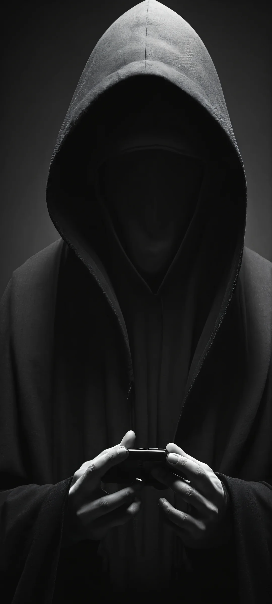 Hooded figure standing in a dark studio against a moody atmospheric backdrop. Perfect for iPhone and Android home screens.