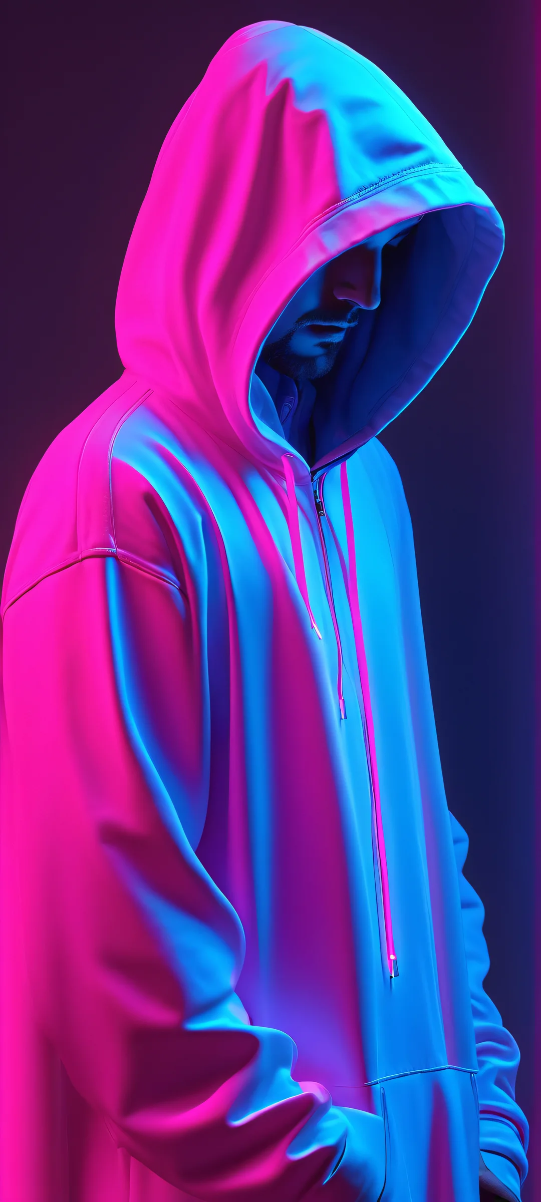 Ethereal Encounter 2K Phone Wallpaper Hooded figure in a diffused atmosphere lit by neon pink and electric blue lasers, perfect for your iPhone or Android home screen.