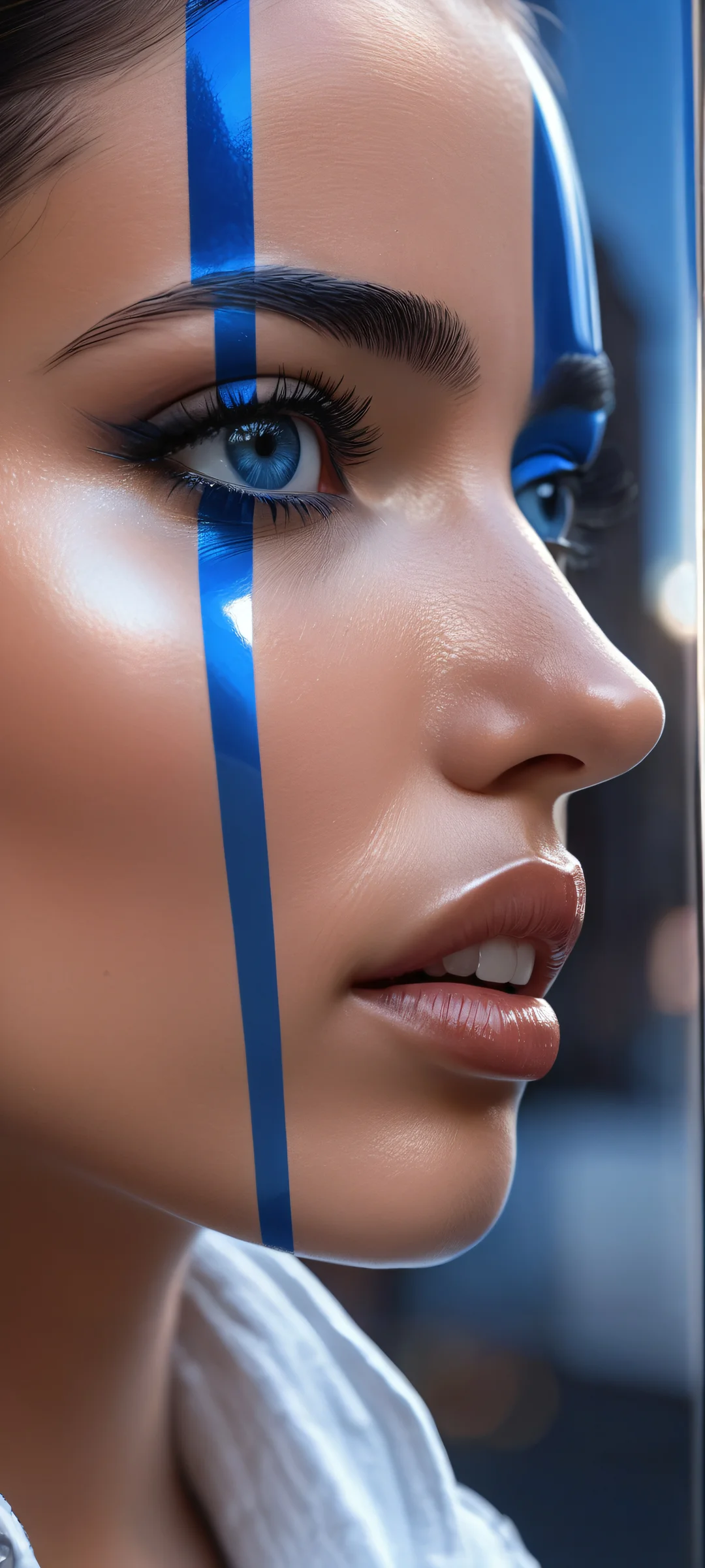 A stunning iPhone/Android wallpaper featuring a hyperrealistic portrait of a human face amidst a city street scene, set against a backdrop of metallic blue and bright white hues.