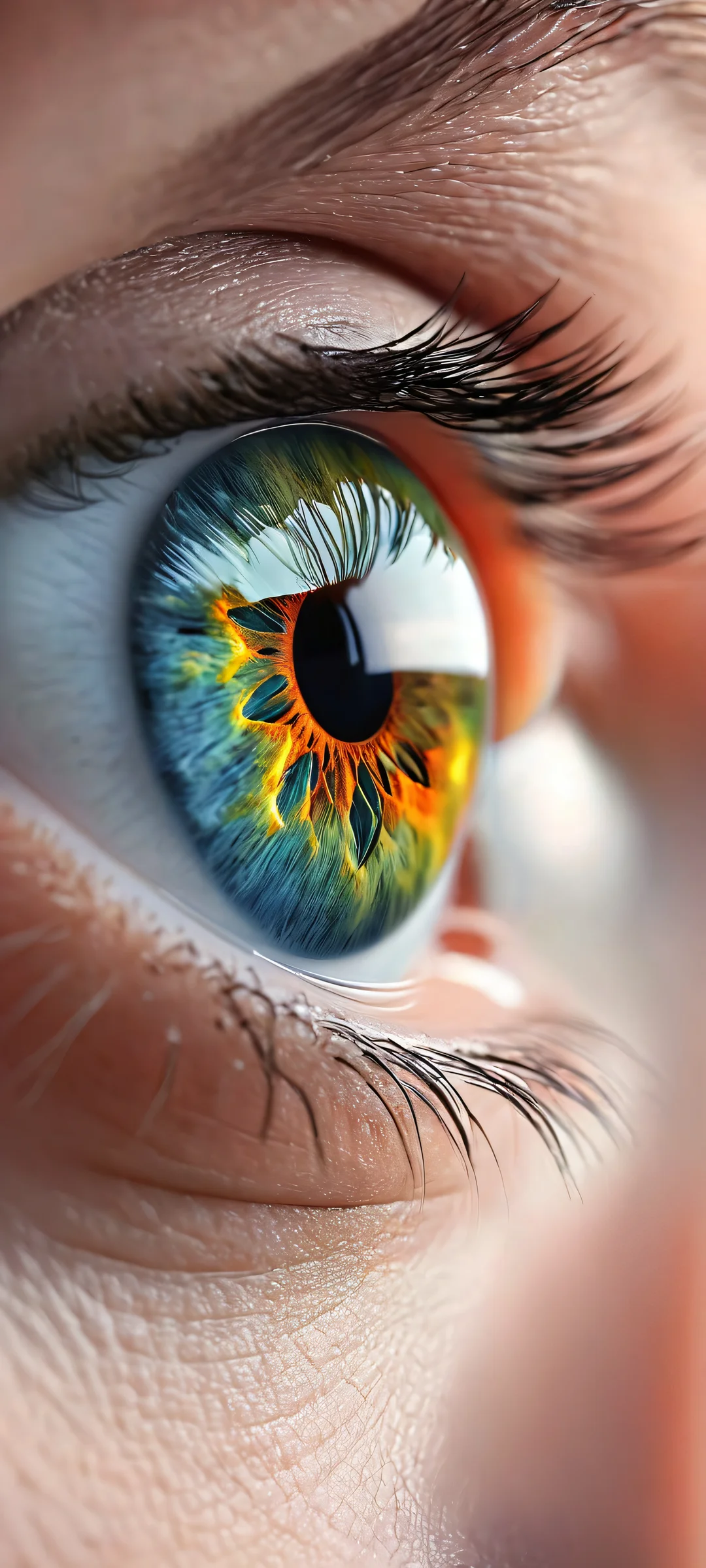 A stunning, hyperrealistic depiction of an eye surrounded by nature's beauty, perfectly optimized for iPhone and Android home screens.