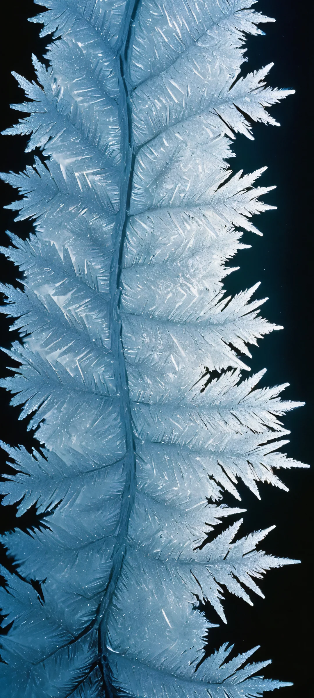 Breathtaking vertical wallpaper featuring intricate ice crystals on a dark background, perfect for iPhone/Android