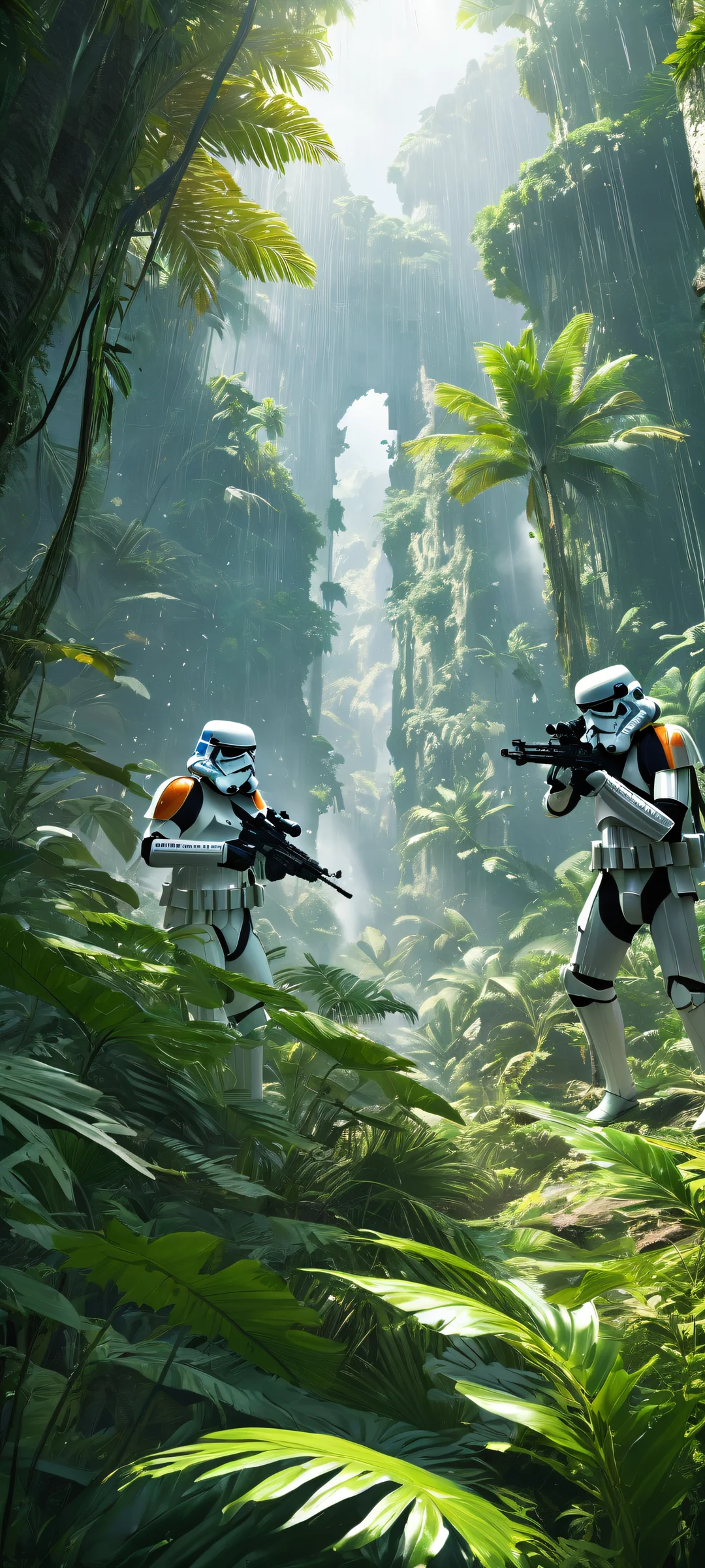iPhone/Android portrait artwork of Stormtroopers amidst intense jungle battle scene with heavy rain and laser blasts.