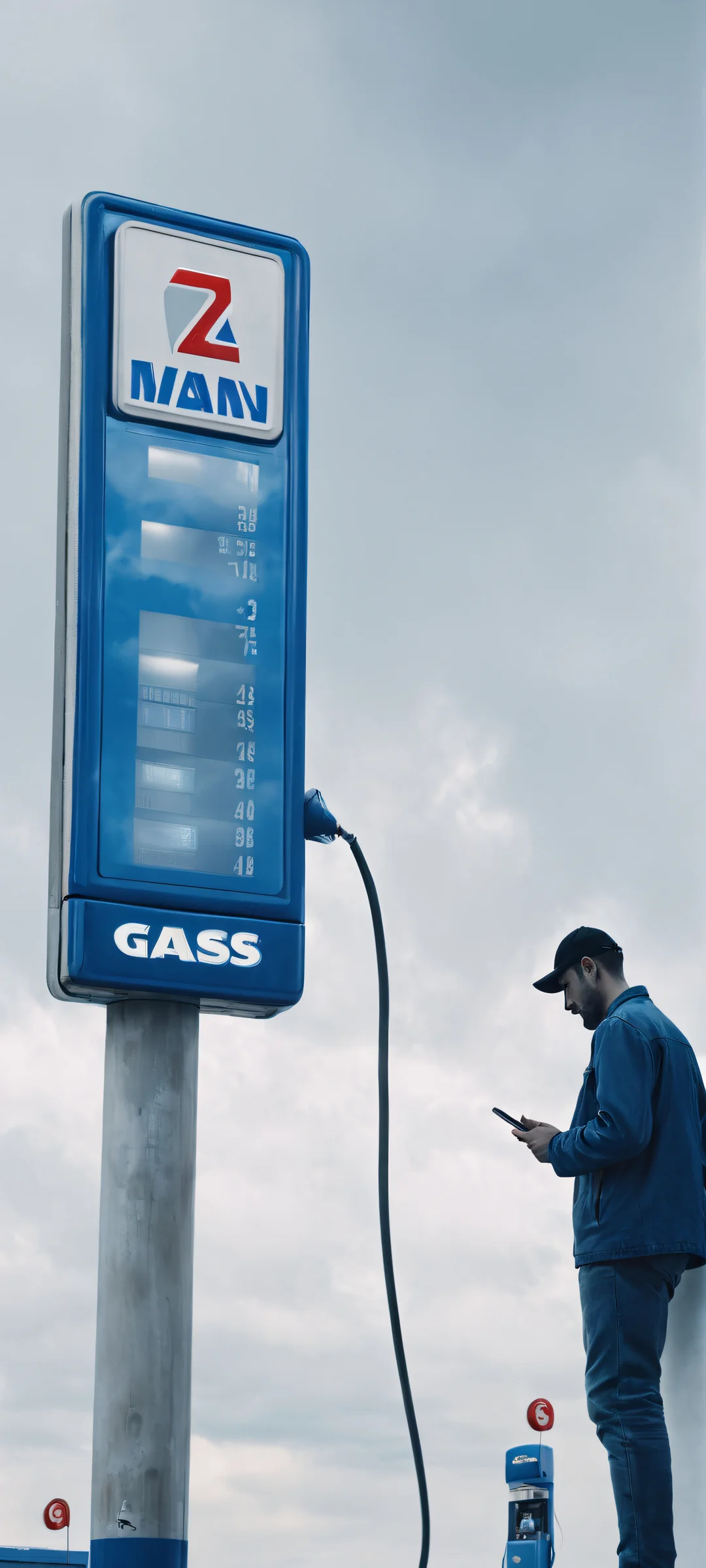 A surrealistic scene of a man standing in front of a gas station sign under an overcast gray-blue sky, perfectly optimized for iPhone, Samsung Galaxy, and Android home screens.