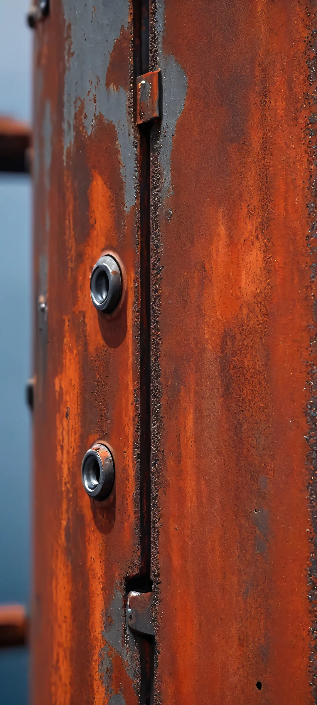 Rustic battleship gray and faded red tones create a striking macro view of industrial machinery on an iPhone or Android home screen.