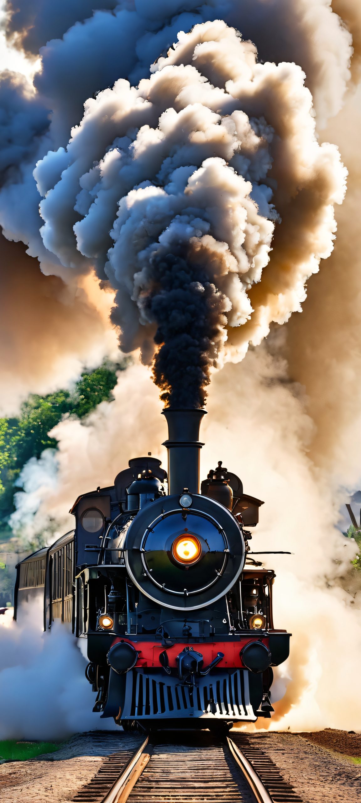 A vintage steam train engine chugs along a industrial landscape, perfect for iPhone and Android home screens.