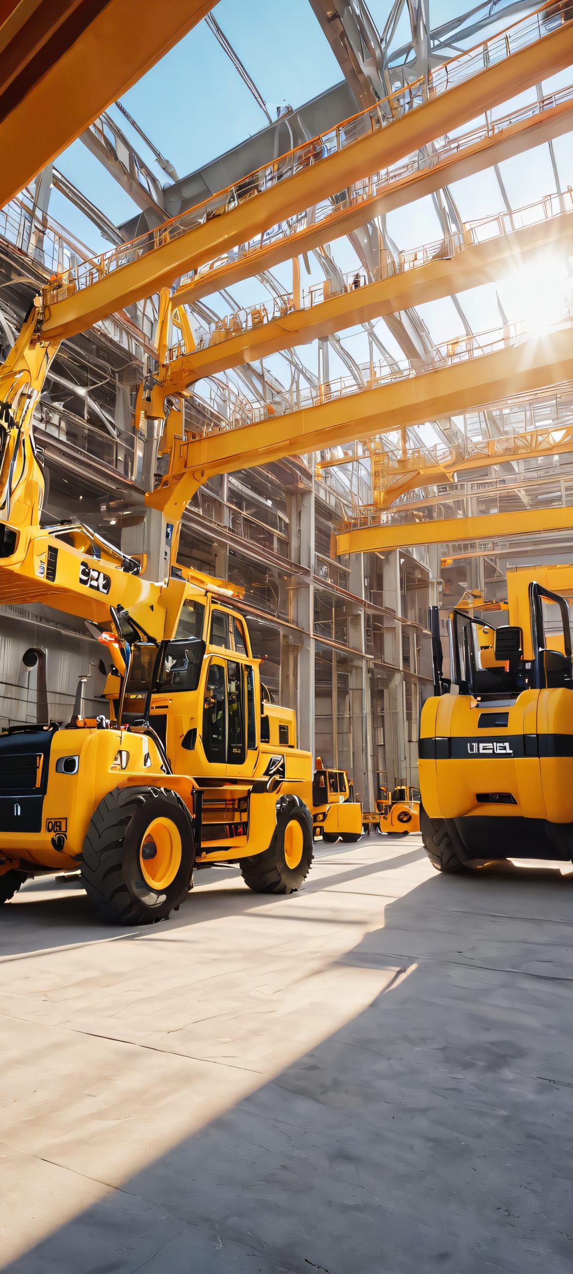 A stunning vertical wallpaper of construction equipment on a factory floor, artificially lit for optimal viewing on your iPhone or Android device.