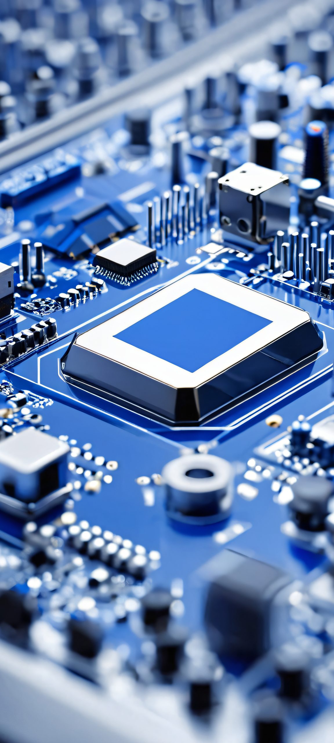 iPhone and Android users, behold this stunning computer components factory wallpaper, featuring metallic silver and deep blue hues.