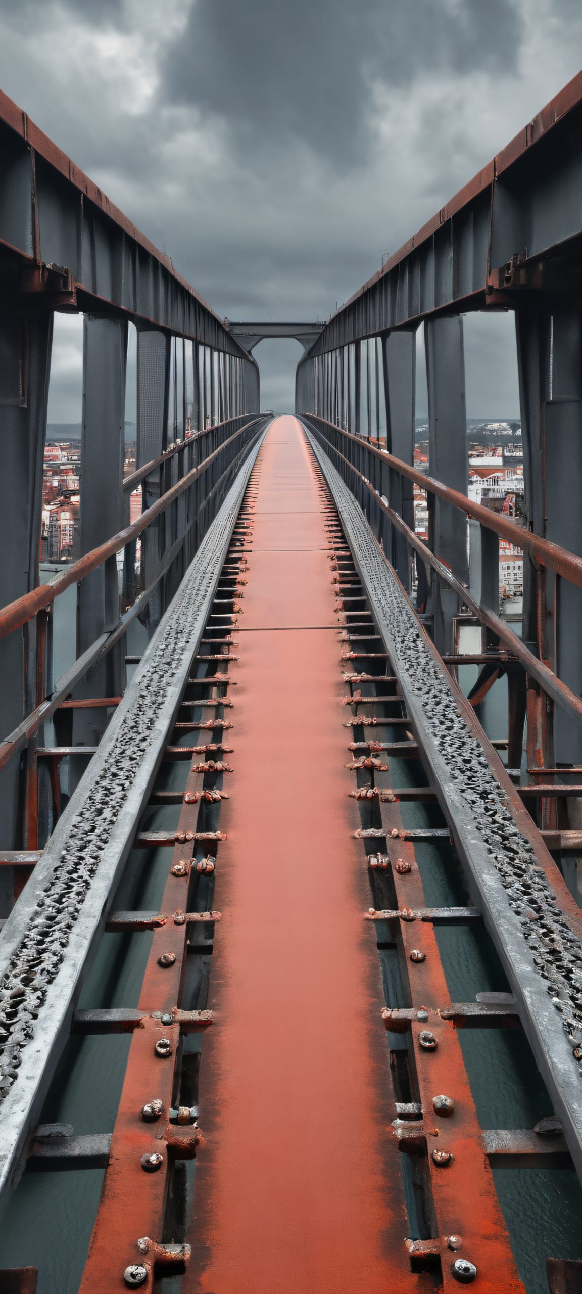 A majestic bridge at dusk, with rusty red tones and urban grey hues, perfectly optimized for iPhone, Samsung Galaxy, and Android home screens.