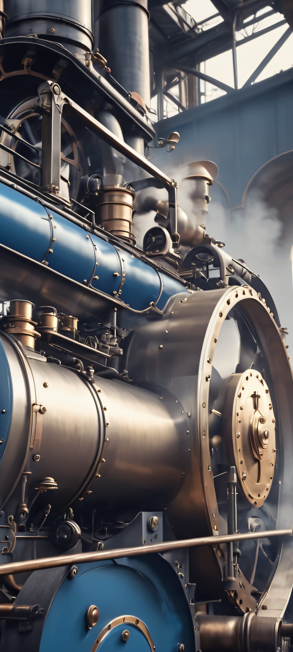 Retro-futuristic steam engine industrial yard masterpiece on a high-resolution iPhone and Android wallpaper