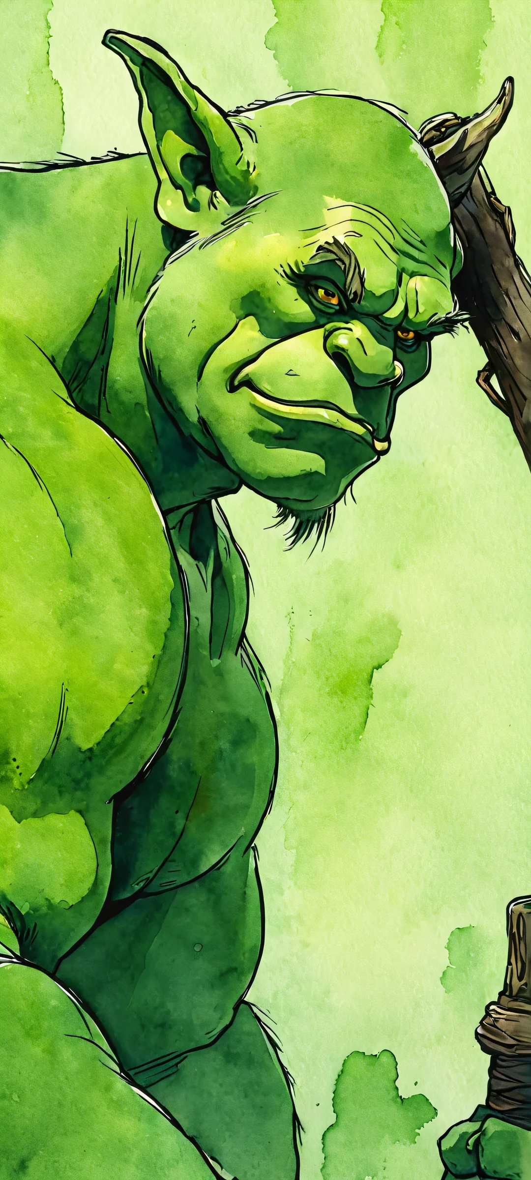 A dark fantasy illustration of an ogre surrounded by vibrant green ink lines, perfect for your iPhone or Android home screen.