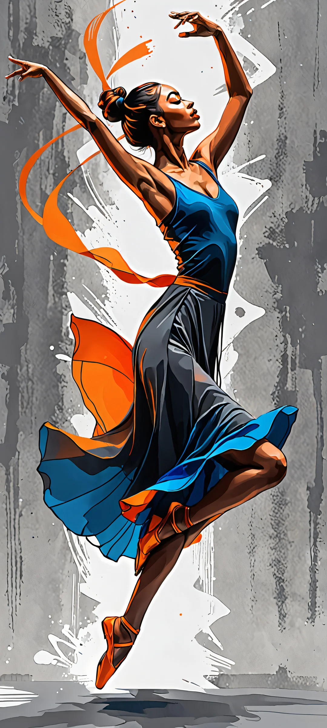 Breathtaking dancer silhouette on dark grey abstract background with blue and orange hues, optimized for iPhone/Android home screens.