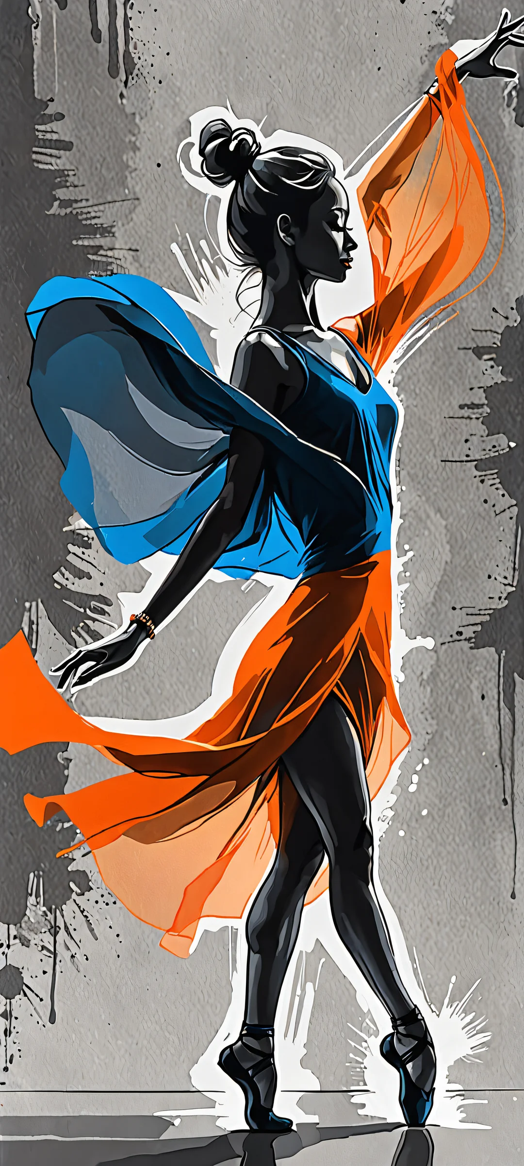iPhone/Android wallpaper featuring a dynamic dancer in dark grey with an abstract ink sketch background
