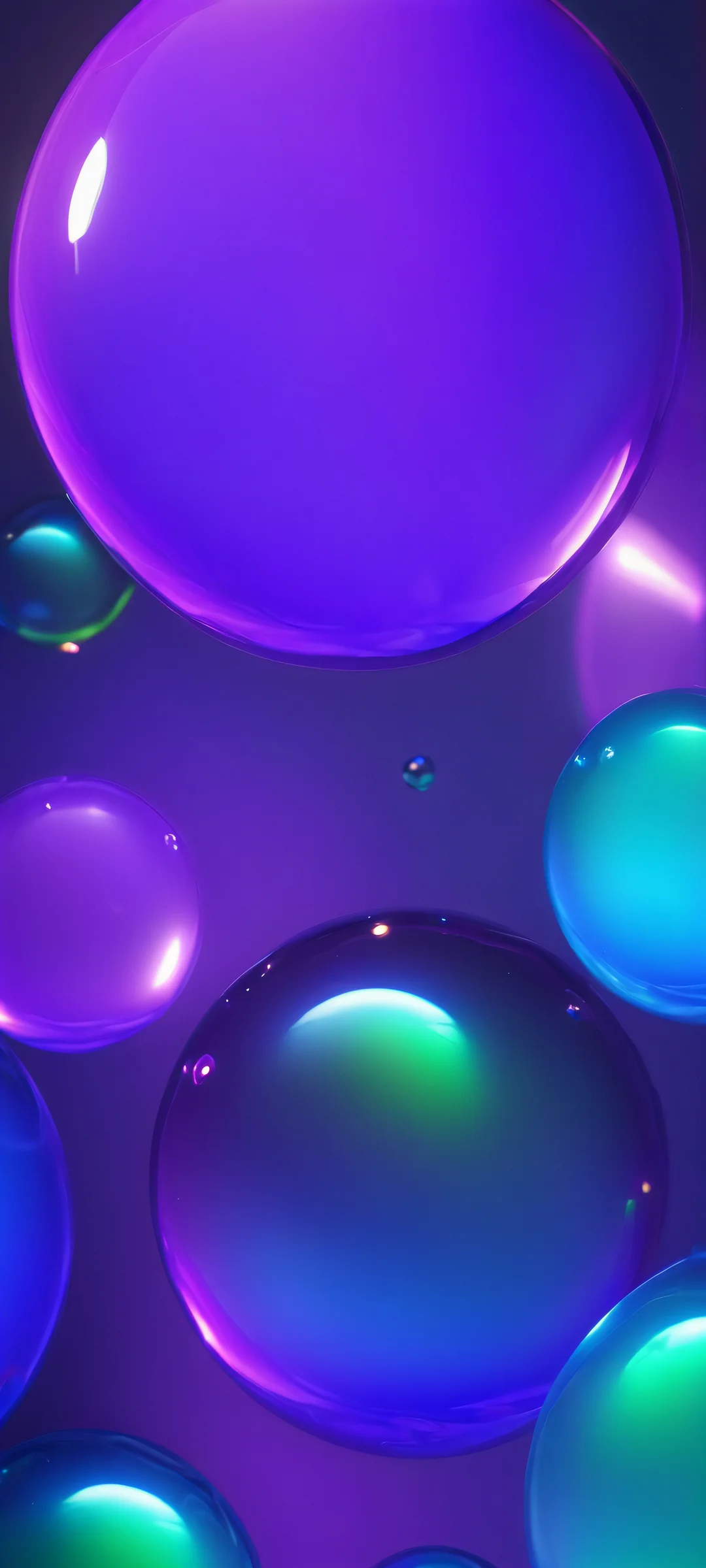 A stunning vertical neon wallpaper featuring glowing bubbles in purple, blue, and green hues, perfectly optimized for iPhone, Samsung Galaxy, and Android home screens.