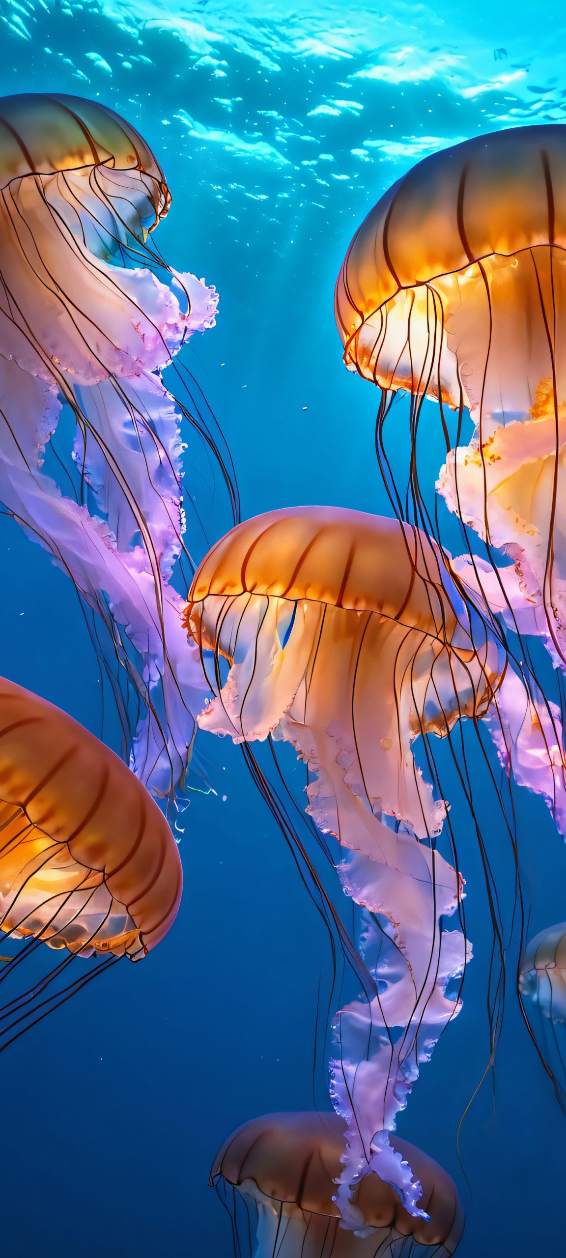 Illuminated jellyfish undulate through deep blues against an underwater backdrop, perfectly optimized for iPhone, Samsung Galaxy, and Android home screens.