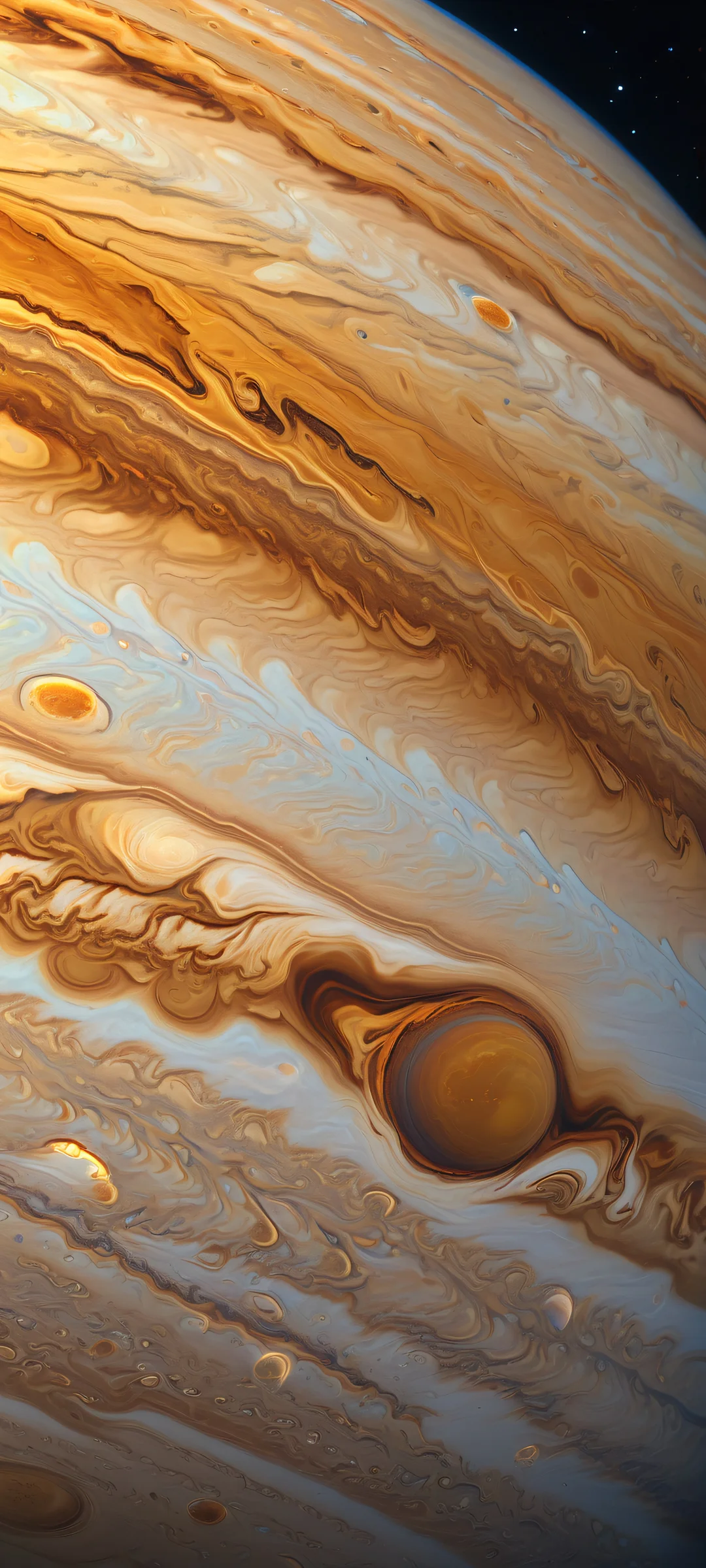 A stunning Jupiter planet macro in pixel art style, perfectly optimized for iPhone and Android home screens with warm beige, deep blues, and vibrant yellows.