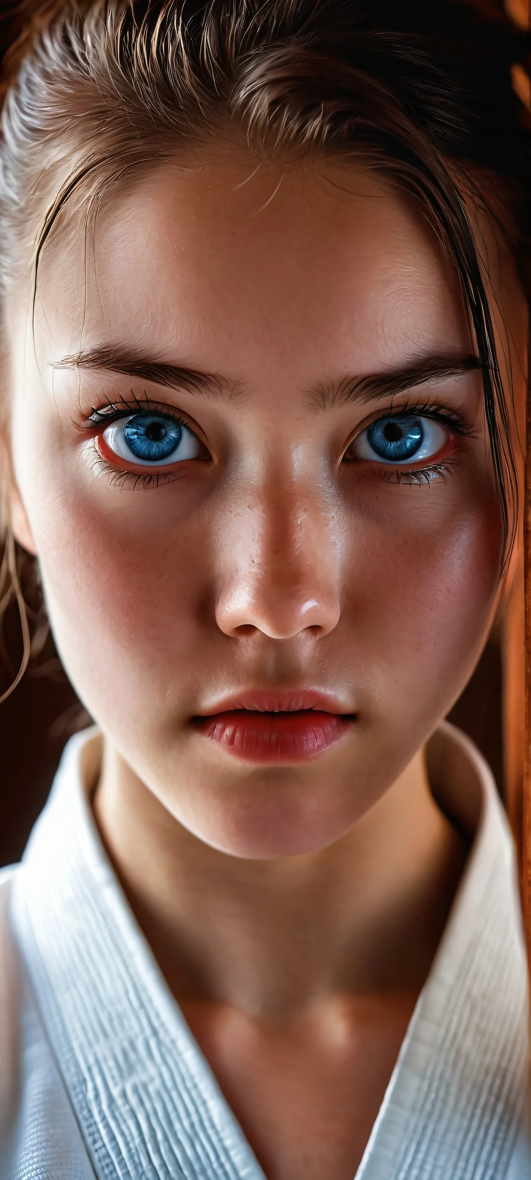 A determined young woman in a karate gi stands out against a vast empty space on an iPhone/Android home screen.