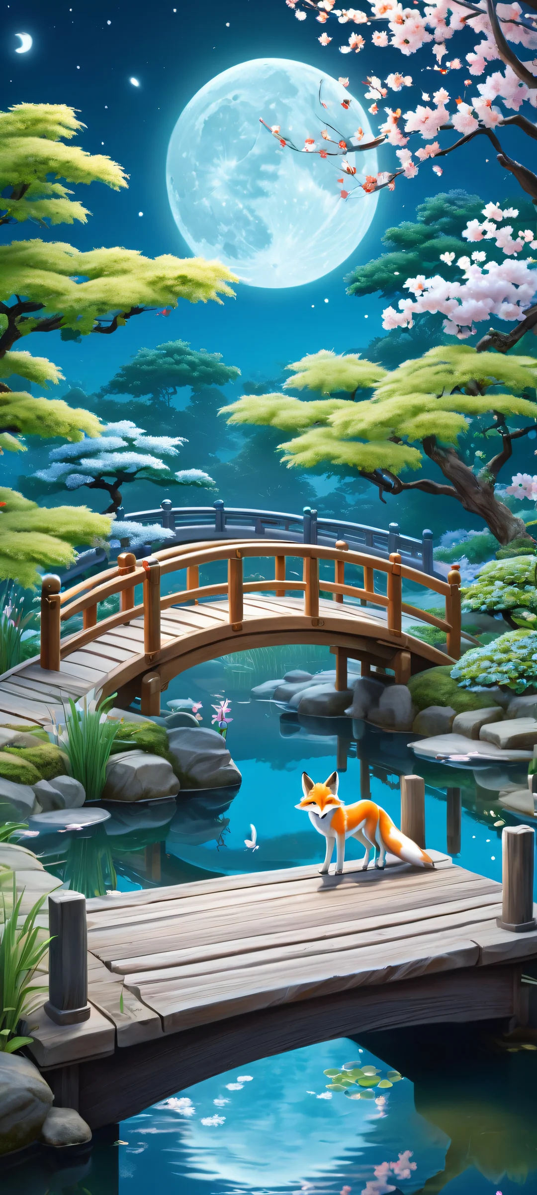 A majestic kitsune fox spirit amidst a serene moonlit garden with koi pond and wooden bridge, perfectly optimized for iPhone/Android home screens.
