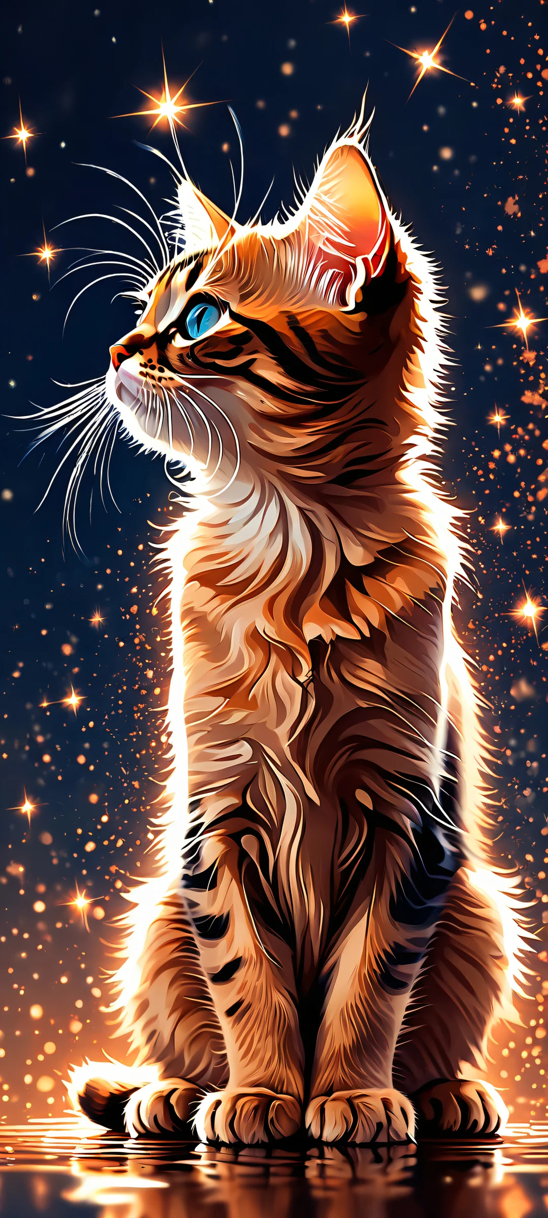 A whimsical abstract mobile wallpaper featuring Kitten Woof in a mesmerizing dance with liquid copper and twinkling starlight, perfect for iPhone and Android devices.