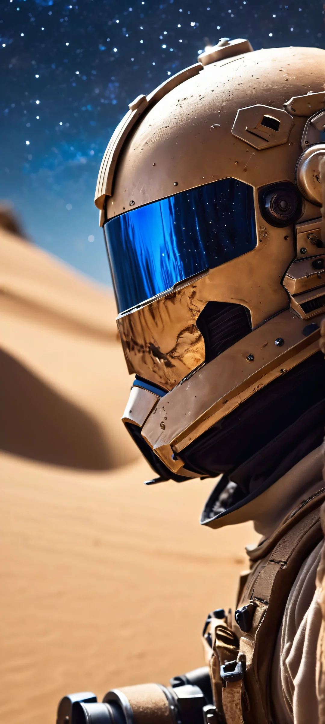 A curious kitten gazes out at the starry night sky through a Space Marine helmet visor, surrounded by twinkling lights and a dry brush silhouette.