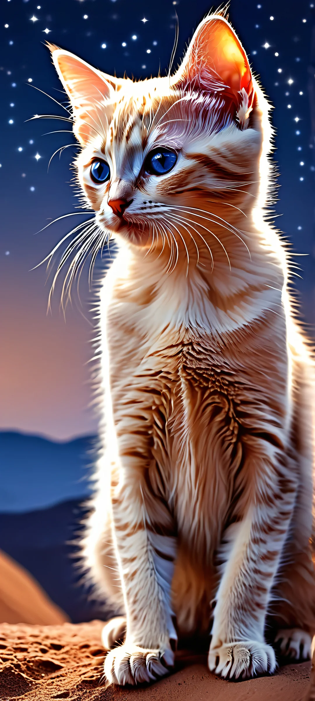 Kitten's Starry Night 2K Phone Wallpaper A beautiful kitten silhouette by the riverbank under twinkling starlight. Perfect for iPhone and Android home screens.