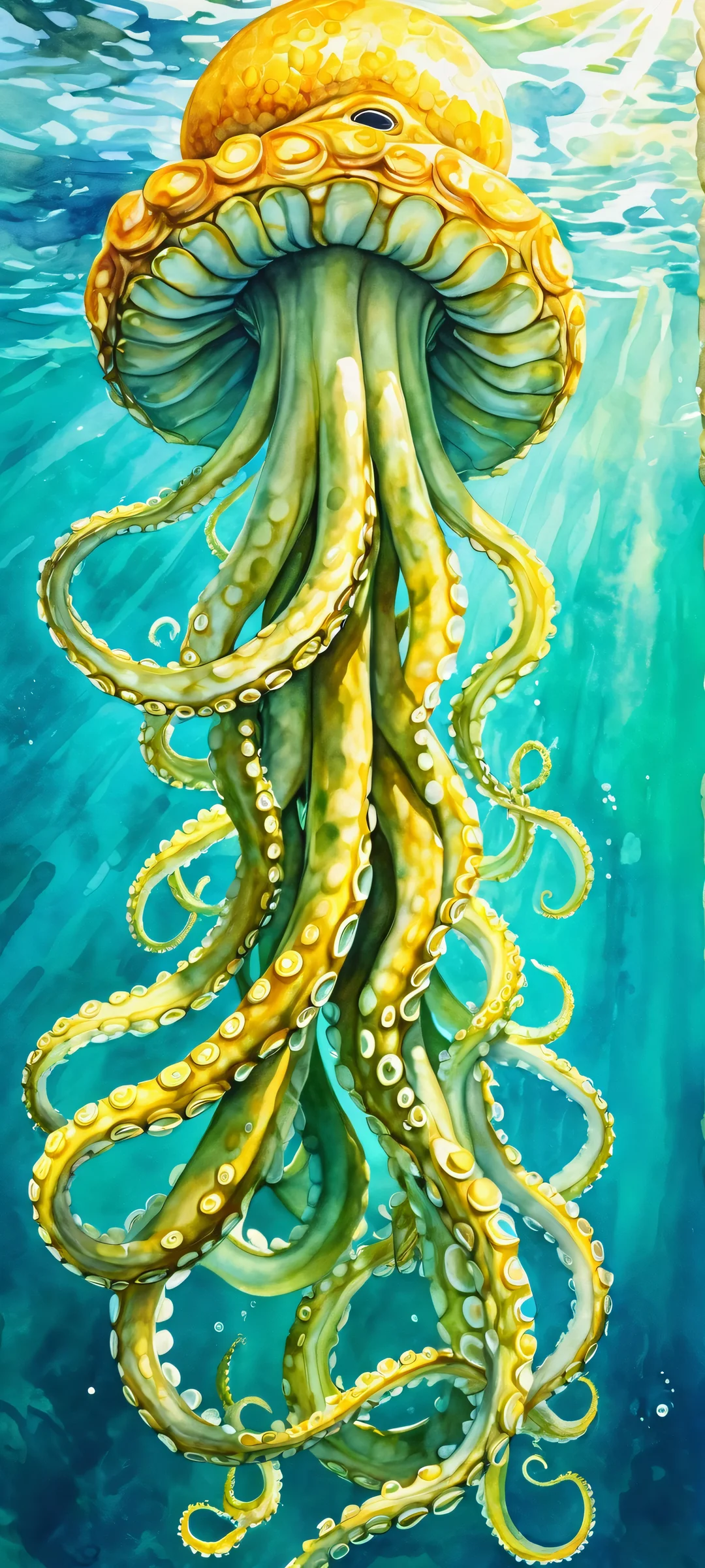 Kraken's Majestic Reach iPhone & Samsung QHD Wallpaper A stunning underwater scene featuring the Kraken's tentacle rising from the depths, perfectly suited for iPhone and Android home screens.