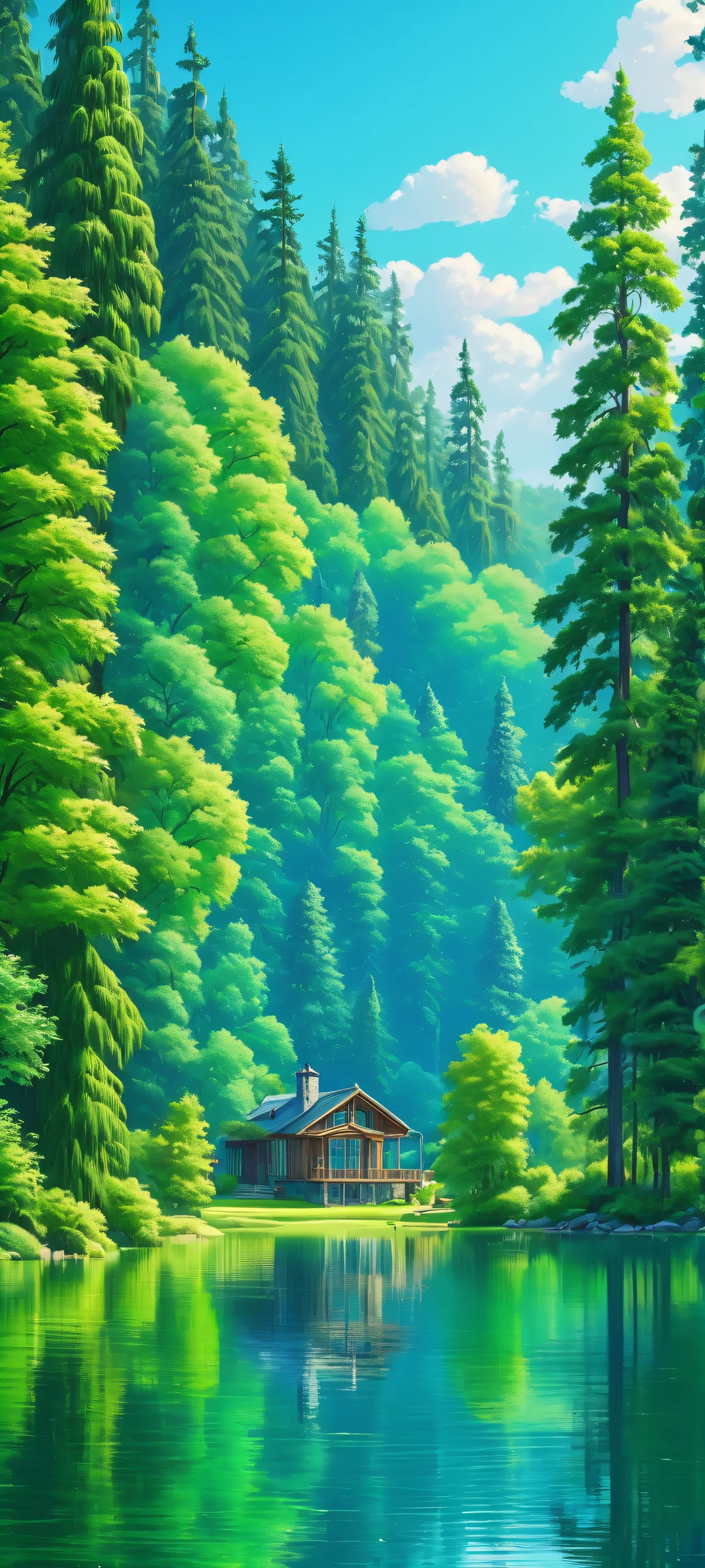 Breathtaking vertical mobile phone wallpaper of a serene lake house surrounded by lush forest, perfect for iPhone and Android home screens.